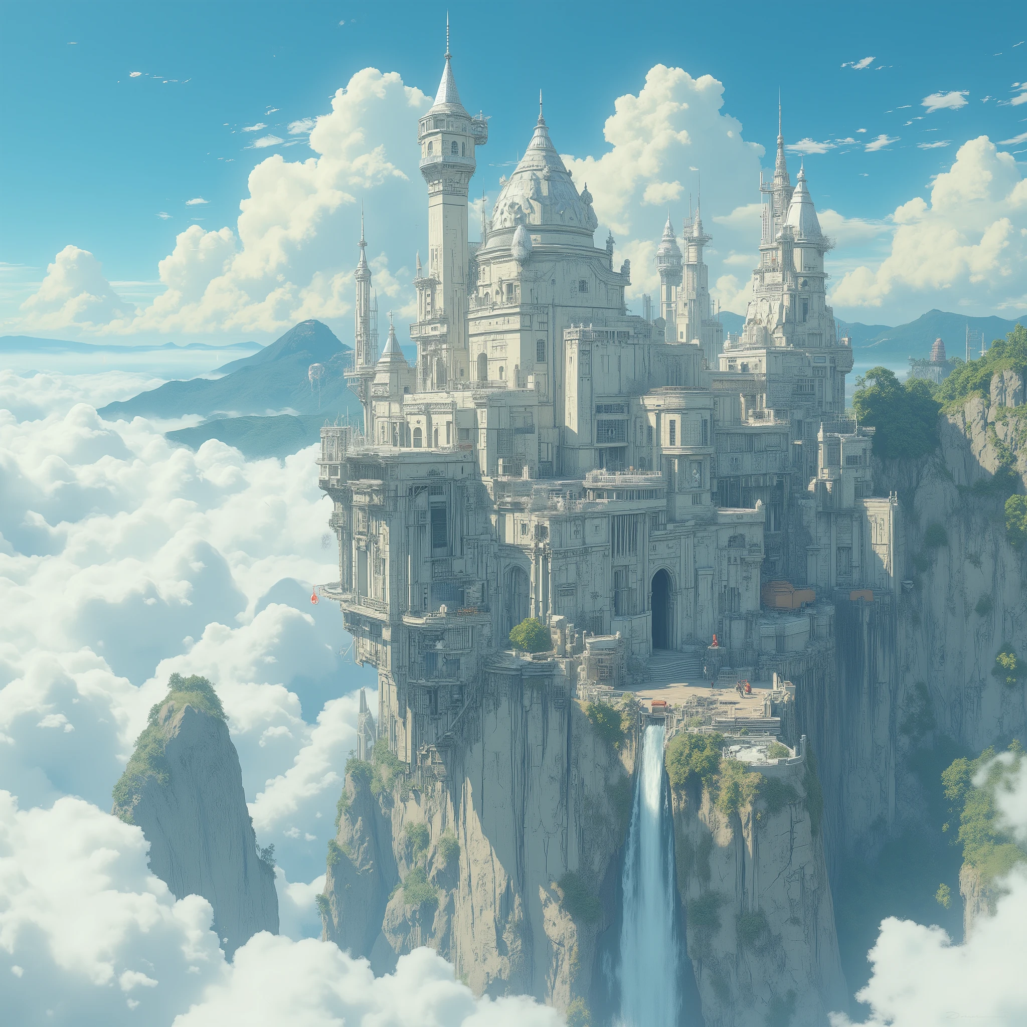 ,anime,cyberpunk,A majestic mountaintop castle floating in a sea of clouds、A chalky spire shining in the morning sun、A fortress built on a cliff、Foggy Mountains、blue sky and cumulus clouds、Stone Wall、 A waterfall in the distance、Mysterious Atmosphere、8K Ultra High Resolution