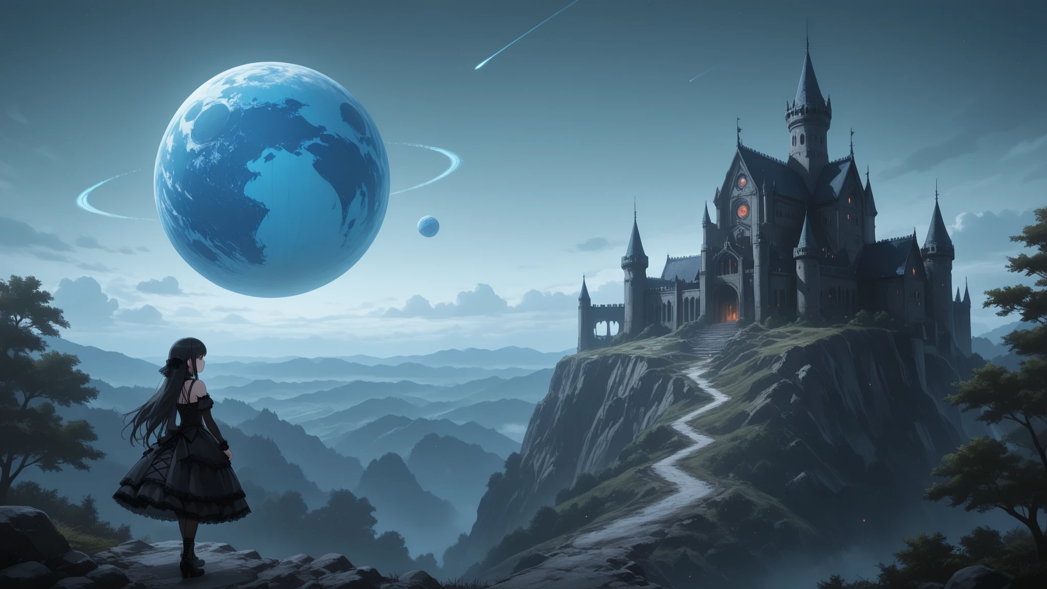 Gothic castle in the sky of an alien planet
