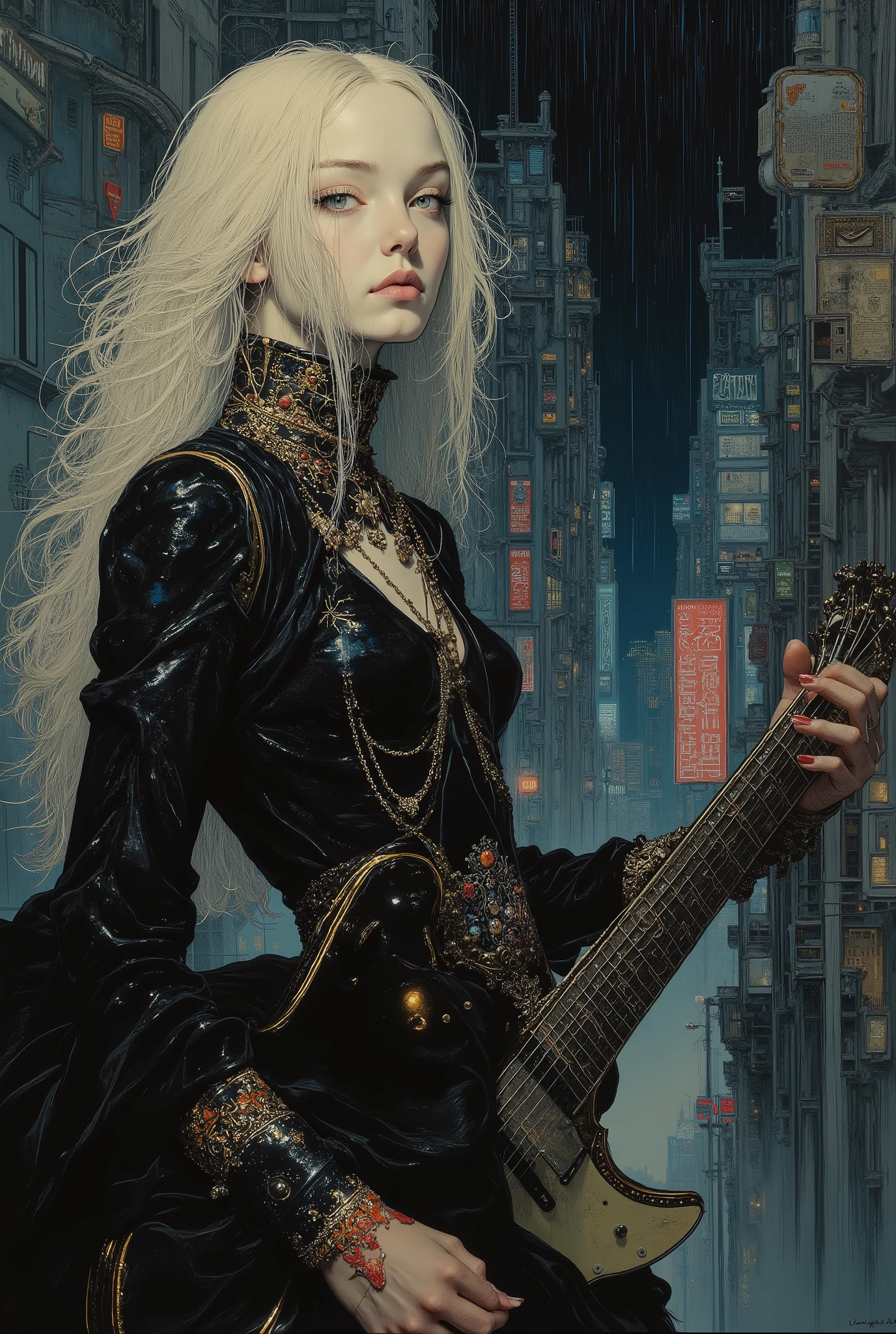 anatomically accurate,(( Bartolomé Murillo)) ((Cyberpunk's)), unique , Rainy city night , blonde long, ((Bartolome Esteban Murillo Style)), darkness,SF, ((Highest Quality, masterpiece)), (More Rights , 高details), 8,000,Canvas Oil Painting Her White Skin、Glowing Softly,anatomically accurate, extraordinary beauty . sexy((Highest Quality)), ((masterpiece)), ( details),two female persons, guitarist & vocalist , ,30yers old, beauty, information(masterpiece, Best Quality, bst quality, Official Art, beautiful and aesthetic :1.2), ( 1 girl), Extremely Detailed ,( Fractal Art :1.3),colorful, Best details, Alphonse Mucha , black Hair, blue Eyes 、zodiac, Elegance, clear, Elegant, playing a fender electric guitar , slim legs, super high angle, These women wear sexy dresses. anatomically accurate, no Grotesque, Elaborate and artistic in every detail, Elimination of religious elements, Anatomically correct number of fingers, Do not expose breasts,