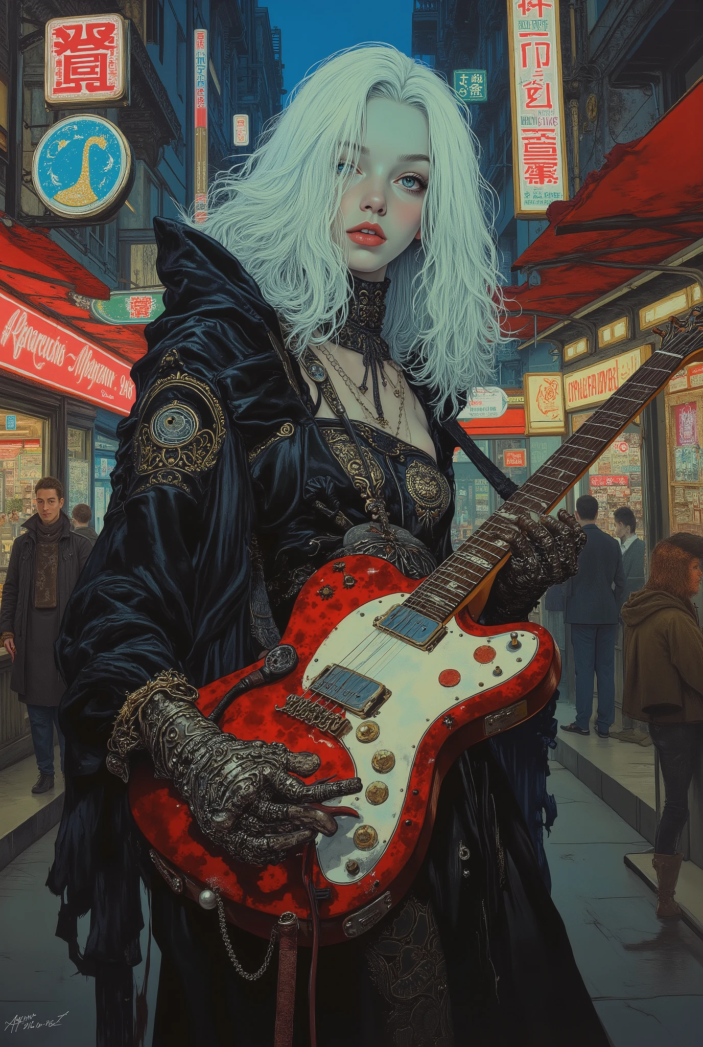 anatomically accurate,(( Bartolomé Murillo)) ((Cyberpunk's)), unique , City building street, neon sign , Futuristic Blonde Long, ((Bartolome Esteban Murillo Style)), darkness，SF, ((Highest Quality, masterpiece)), (More Rights  , 高details), 8,000，Canvas Oil Painting Her White Skin、Glowing Softly,anatomically accurate,  extraordinary beauty . sexy((Highest Quality)), ((masterpiece)), ( details),two female persons, guitarist & vocalist , 　,30yers old, beauty, information(masterpiece, Best Quality, bst quality, Official Art, beautiful and aesthetic :1.2), ( 1 girl), Extremely Detailed ,( Fractal Art :1.3),colorful, Best details,　 Alphonse Mucha , black Hair, blue Eyes 、zodiac,　Elegance, clear, Elegant, playing a fender electric guitar , slim legs, super high angle, These women wear sexy dresses. anatomically accurate, no Grotesque, Elaborate and artistic in every detail,　Elimination of religious elements, Anatomically correct number of fingers, Do not expose breasts,