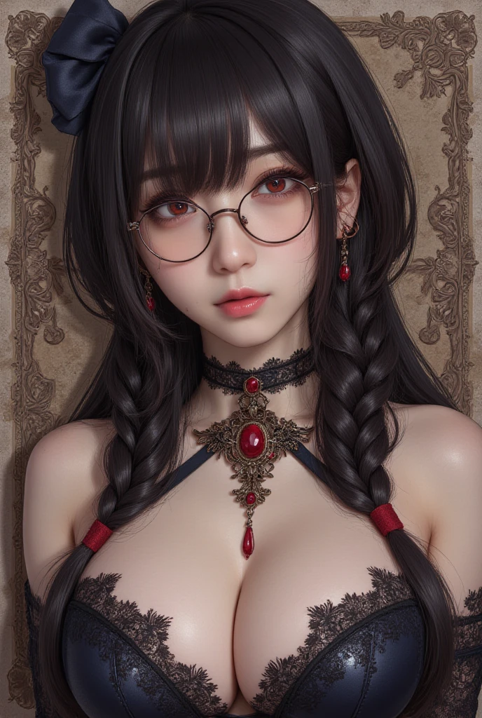 Understoodですかですか、(best illustrations)、8k UHD resolution、intricate details、highest quality、realistic、Super detailed、best lighting、best shadow、soft lighting、ultra hd、超realistic、Tyndall effect、Photoreal、(high detail skin:1.2)、 (intricate details, compensate, face to face with the children_v1:0.5), (Understood, beautiful and delicate face, Understoodですか, beautiful and delicate eyes, perfectly proportioned face, high resolution skins, fine skin, Optimal ratio of 4 fingers and 1 thumb, arm under , red tattoo on lower abdomen、Wow wow, wide , smooth abdomen, thin and thin skin, __fashion__, __hair__:1.25)、Digital single-lens reflex camera、 absurd、(table top: 1.3), (maximum resolution: 1.2), (ultra hdTV: 1.2), cinematic light, fine eyes and skin, detailed facial features, , (sharp focus: 1.2）, (focus on the face:1.2),perfect style, beautiful face, acura, anatomically correct, Highly detailed face and skin texture, fine eyes, double eyelid, thin eyebrows, glitter eyeliner: 1 natural cheeks, Glossy skin, Fair skin: 1.2, (glossy lips: 1.4),(embarrassed look: 1.2),Highly detailed face and skin texture, fine eyes, double eyelid, natural cheeks,  glossy lips: 1.4,exposed cleavage、Bewitching。charm、 Beautiful devil woman from hell, デヴィッド・ホックニーとアルフォンス・ミュシャによる超realistic女性の肖像画, charm女性の肖像画、fantasy art, Chinese humanoid robot、chinese actress、dungeon、dragon、devil'palace of、devil' chamber、night、dark style 、in the dark、(detailed spooky background:0.8), magic、 1 girl、evil nun、dark necromancer、Succubus、devil'Daughter of、Shinonome Umi、bat wings，(((devil'Horn)))、 ((((giant glasses, otaku glasses, thick glasses, round glasses)))),(((big breasts)))、(devil'tail)、(red eyesは光り輝いて:1.6)、red eyesは非常に鮮明で詳細です, your eyes are so beautifully made, ((red eyes:1.0)),intricate tattoo, demonic intricate tattoo, thigh tattoo, body tattoo, masterpiece、最もbeautiful face、baby face、cute smile、beautiful plump red lips、筋肉のcharm体、devilのcharm体、devil style、charmブラックマジックコスチューム、The long-haired、Braid、Black hair、Ponytail distortion、, Ponytail with a bow tied at the back of the hair, beautiful expression、body up、big 強調、bust,  super tight ,  augmentation surgery,  are very big and round,tight waist、wide 、 secret key, cowboy lens, (black phoenix dress: 1.0),  devil crown,  Red Gemstone Necklace、Jewelry G Wise,  Please wear black mesh socks,wearing light red、nffsw, nffsw, Meeting beautiful girls, look at the girl'Main body,
