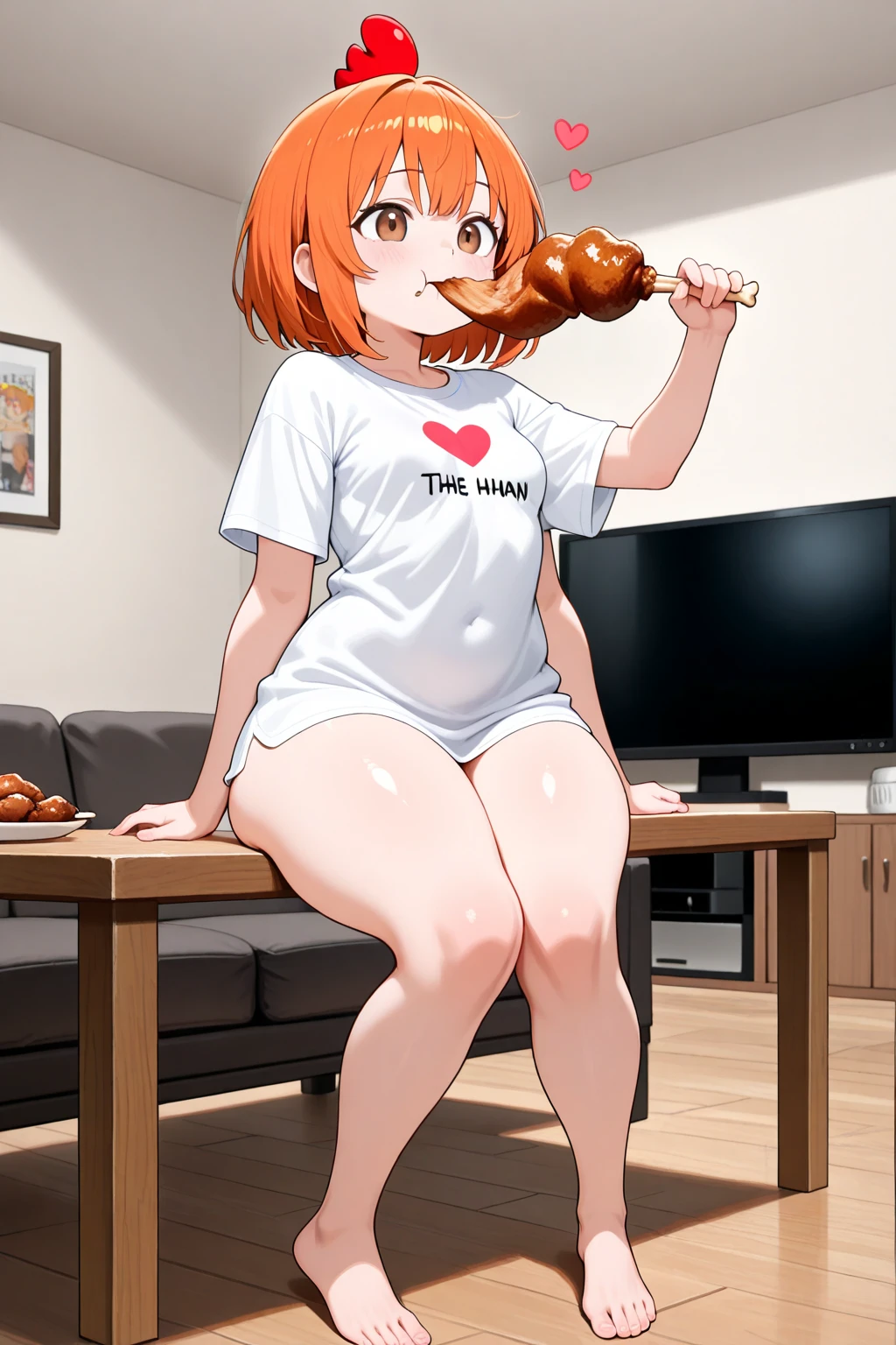 (8k uhd, masterpiece, best quality, high quality, absurdres, ultra-detailed,detailed face,detailed background),perfect lighting, 1girl,(solo:1.2), <lora:McGingerMomV2:1>,McGingerMom,orange hair,huge breasts,nipples,bobcut,(black eyes:1.25), white pupils,cowboy shot, indoors,mcdonald's, pussy,pubic hair,on table,spread legs, spread pussy,