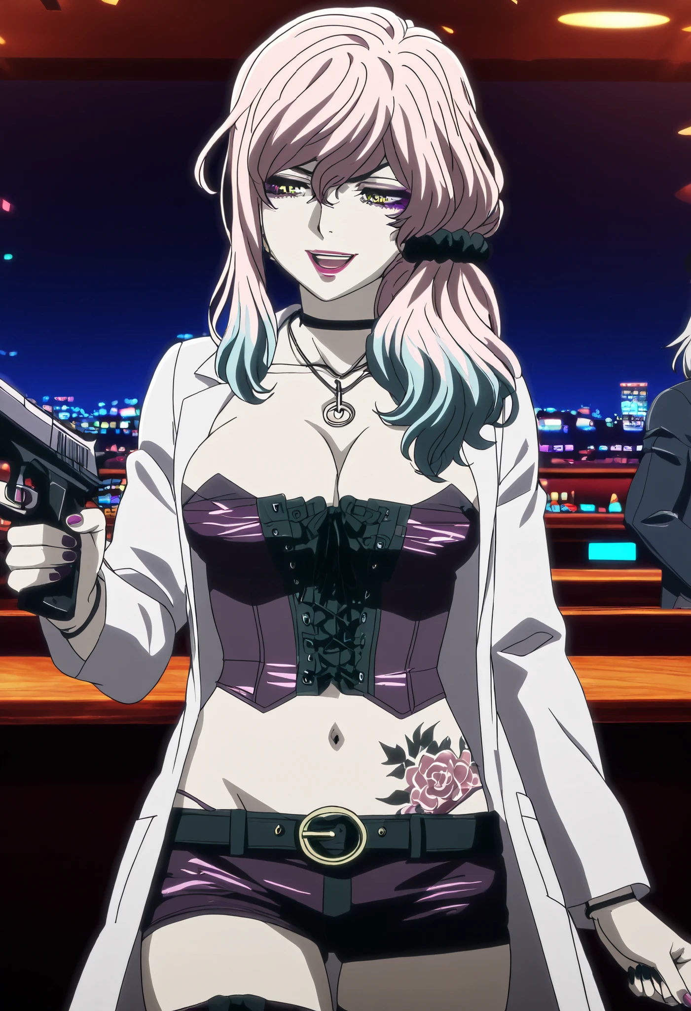 Akudama Drive（doctor）slender、doctor, long hair, bangs, hair between eyes, yellow eyes, pink hair, , makeup, lipstick, multicolored hair, gradient hair, scrunchie, blue hair,,  erotic vibe, Cinematic Lighting、 nail polish, ear piercing, long hair, , lipstick, Hot girl, baddie,, sensual, attractive ,choker , cross necklace, thighhighs, shorts, belt, labcoat, cleavage, jewelry, necklace, nail polish, corset,bar background, inside bar, indoors, cityscape, casino, nightclub, city lights,,
,belly,,holding pistol,cleavage
smile, open mouth, (nsfw) not safe for work, evil expression, belly, exposed navel, exposed
midriff, exposed lower belly, navel,  medium large Breasts, dragon tattoo on waist, narrowed eyes, tattoo on waist,, anipai_style , anime screencap , anime coloring,,v-shape eyebrows,,