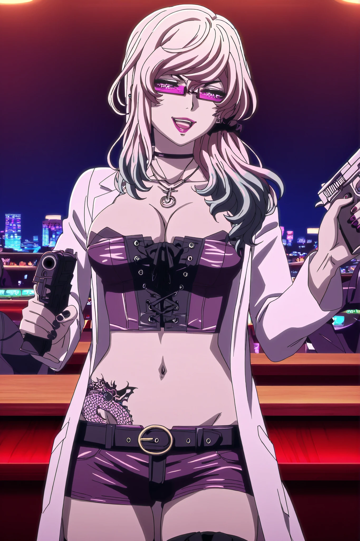Akudama Drive（doctor）slender、nail polish, ear piercing, long hair, , lipstick, Hot girl, baddie,, sensual, attractive ,choker , cross necklace, thighhighs, shorts, belt, labcoat, cleavage, jewelry, necklace, nail polish, corset,bar background, inside bar, indoors, cityscape, casino, nightclub, city lights,, ,belly,,holding pistol,cleavage smile, open mouth, (nsfw) not safe for work, evil expression, belly, exposed navel, exposed midriff, exposed lower belly, navel, medium large Breasts, dragon tattoo on waist, narrowed eyes, tattoo on waist,, anipai_style , anime screencap , anime coloring,,v-shape eyebrows,,
