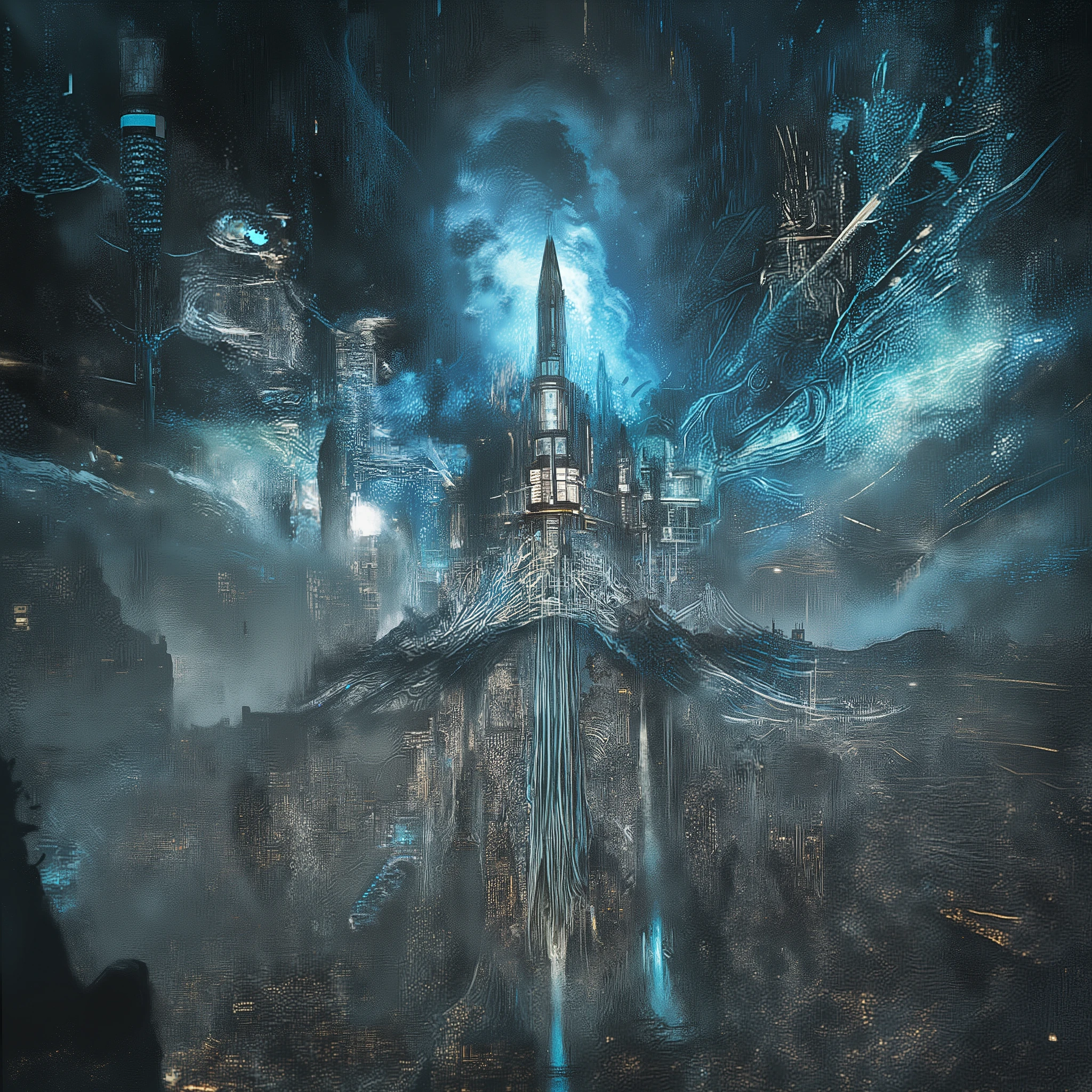 helen wells,technology city aerial flotation、crystal central control castle、hologram ad、fiber optic network、Floating Platforms、cybernetic structure、transparent elevator、Floating Traffic System、Stormy Night、spectacular view 、Futuristic