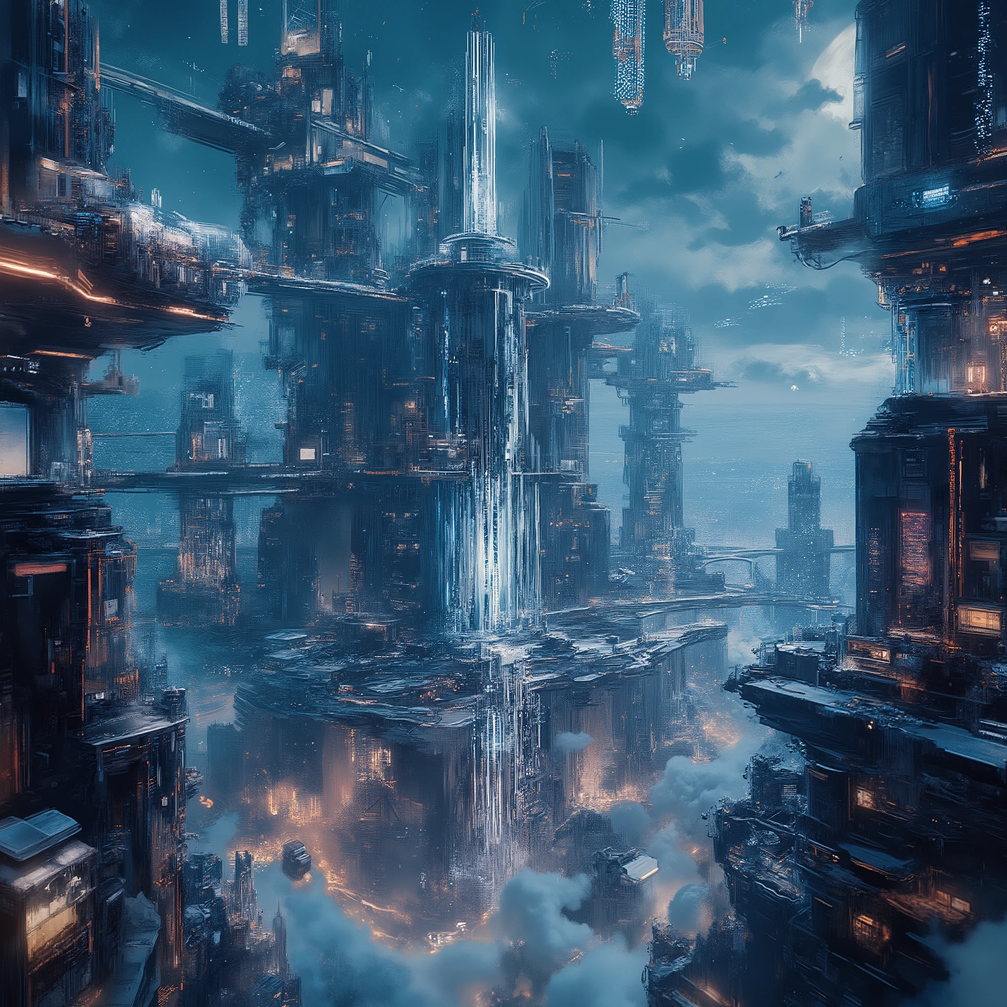 helen wells,technology city aerial flotation、crystal central control castle、hologram ad、fiber optic network、Floating Platforms、cybernetic structure、transparent elevator、Floating Traffic System、Stormy Night、spectacular view 、Futuristic