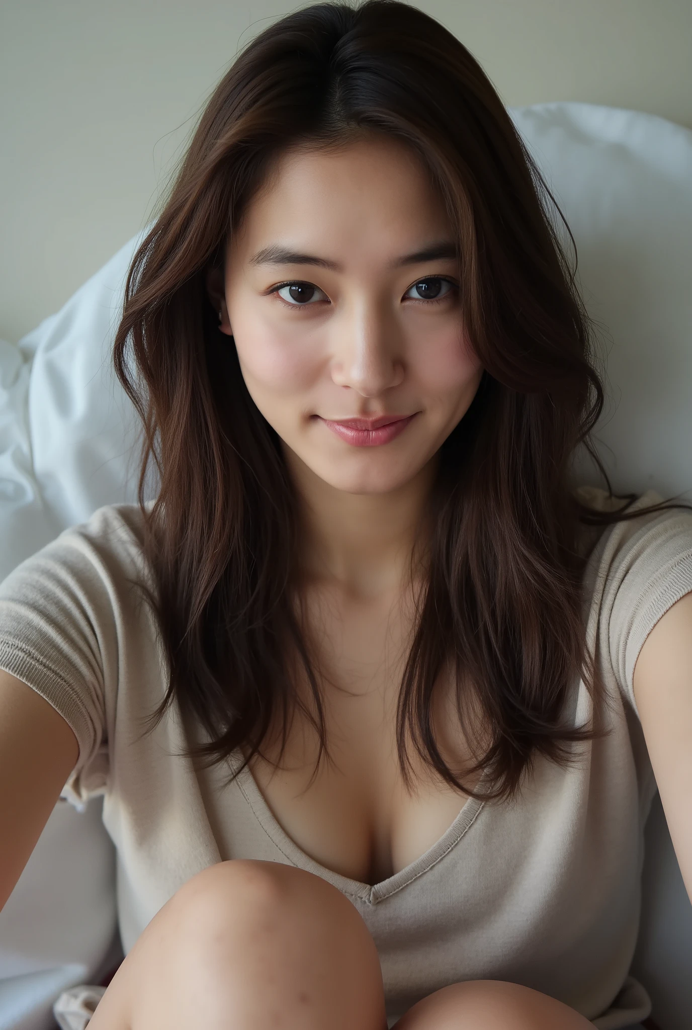 Woman with dark brown hair and a slit skirt、selfie background . in. rest 。 blue eyes stand out in a sweet green smile, happy, creates soft and vivid images, Sweating , wet body ,very well-styled woman、very stylish woman、big breasts、cleavage、A t-shirt with a big open chest、lean forward、squats