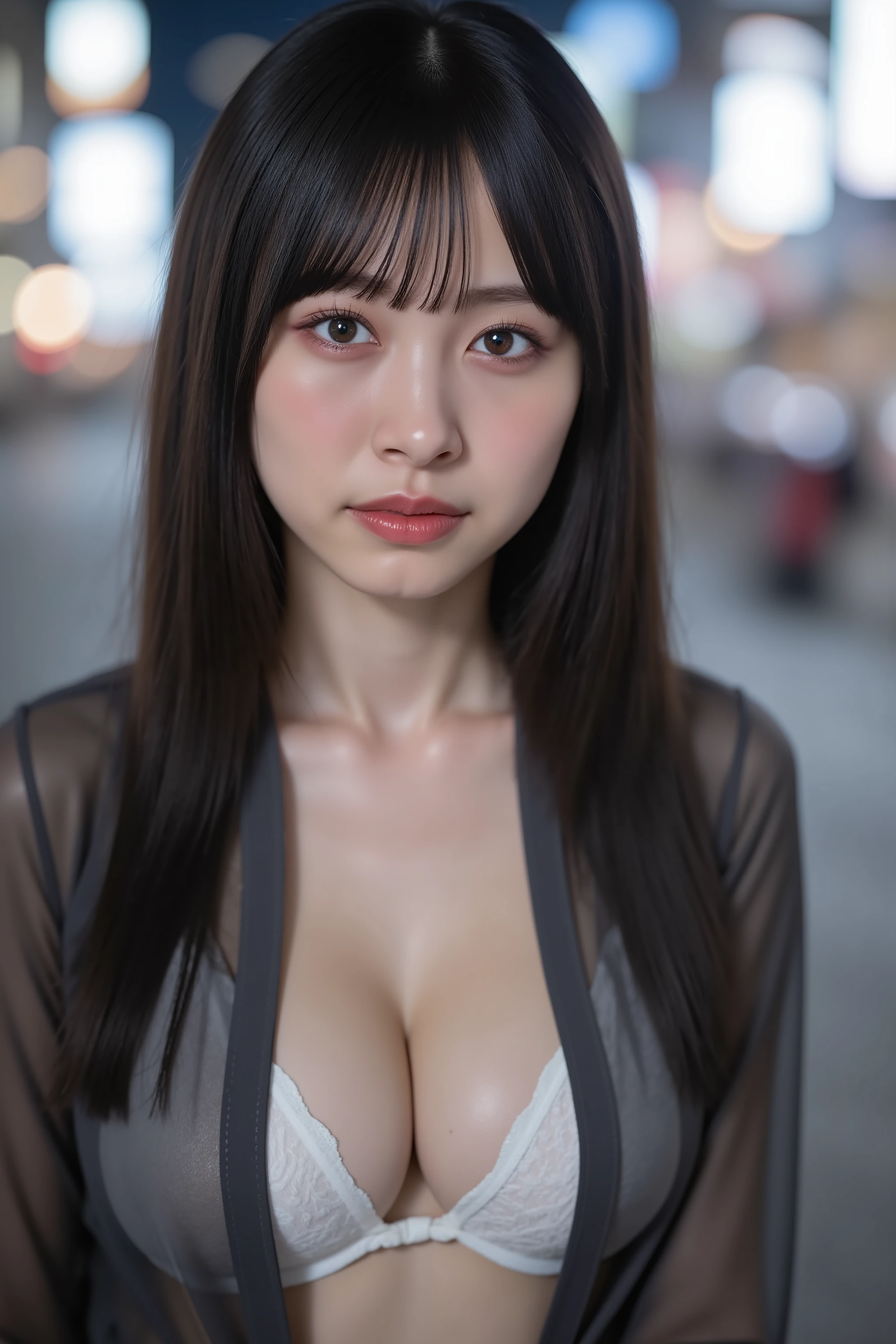 32k, Masterpiece, top quality, (Beautiful Woman) dark hair, sleek, intense gaze, red lipstick, subtle eye makeup, sophisticated, powerful, soft lighting, even lighting, high-quality image, sharp details, clear focus, Her expression is serious and somewhat intense, with a direct gaze at the camera.
front open shirt, transparent, pure, This photo shows a cute Japanese woman, The image is of very high quality, with clear skin texture. The focus is on her face. The focus is very sharp. ultra detailed, thin waist. white lace panties. Her whole body is in the picture. Her facial expression is sexy. smile, She is facing forward. She has shiny black hair. Her skin is beautiful, fair, finely textured, and even. Her breasts are large and firm. upper body, Shibuya shopping street at night,