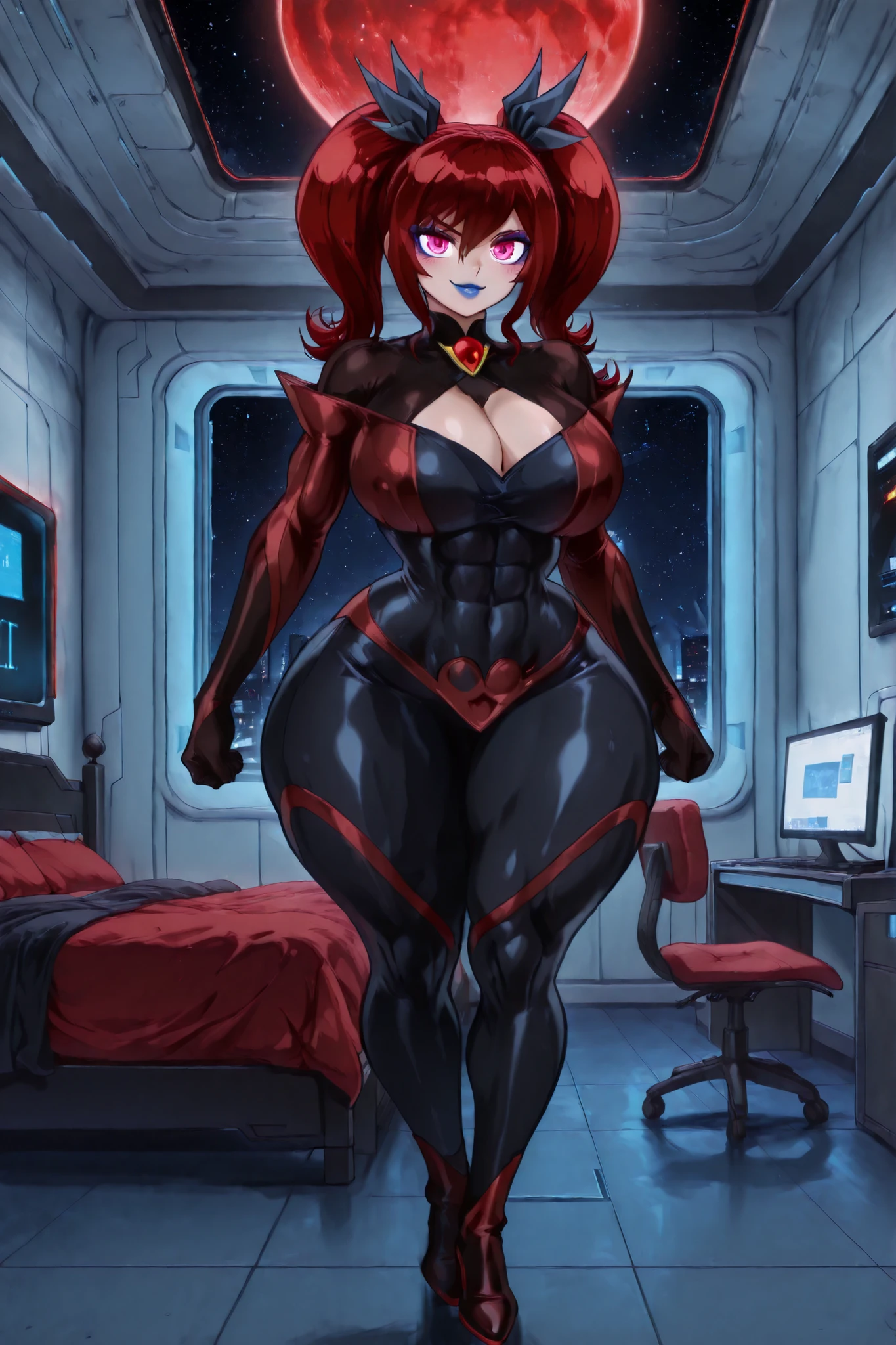 Score_9, score_8_up, score_7_up, score_6_up, score_5_up, score_4_up, BREAK, ((24k, insane details, insane resolution, insane detailed background, beautiful detailed eyes, beautiful detailed face, beautiful detailed hands, beautiful Detailed feet, Ultra Masterpiece, ultra quality, BREAK, zeyet, 1 girl, solo, dark red hair, twintails, black hair ribbon, deep pink eyes, purple eyeshadow, blue lips, black bodysuit, red brooch, black gloves, high heels, ((Huge breasts, huge ass, huge asscheeks, huge thighs, huge hips, 8 pack, abs, voluptuous body, Venus body, curvy figure, cleavage,)), BREAK ((looking at viewer, sexy seductive grin, in love, blush, full body view, front view, standing up, BREAK inside black red spaceship. inside black-red spaceship bedroom, black-red neon lights around bedroom, black-red computer module in bedroom, black red futuristic chair, chair Infront of computer module, black-red futuristic nightstand, nightstand near bed, black-red futuristic spaceship walls, black-red futuristic spaceship floor, black-red futuristic tv stand, black-red futuristic flat-screen tv on stand, standing next to massive black-red futuristic bed, black-red blankets on bed, black-red pillows on bed, outer space outside window, black-red planet outside window, black-red moon outside window,)),