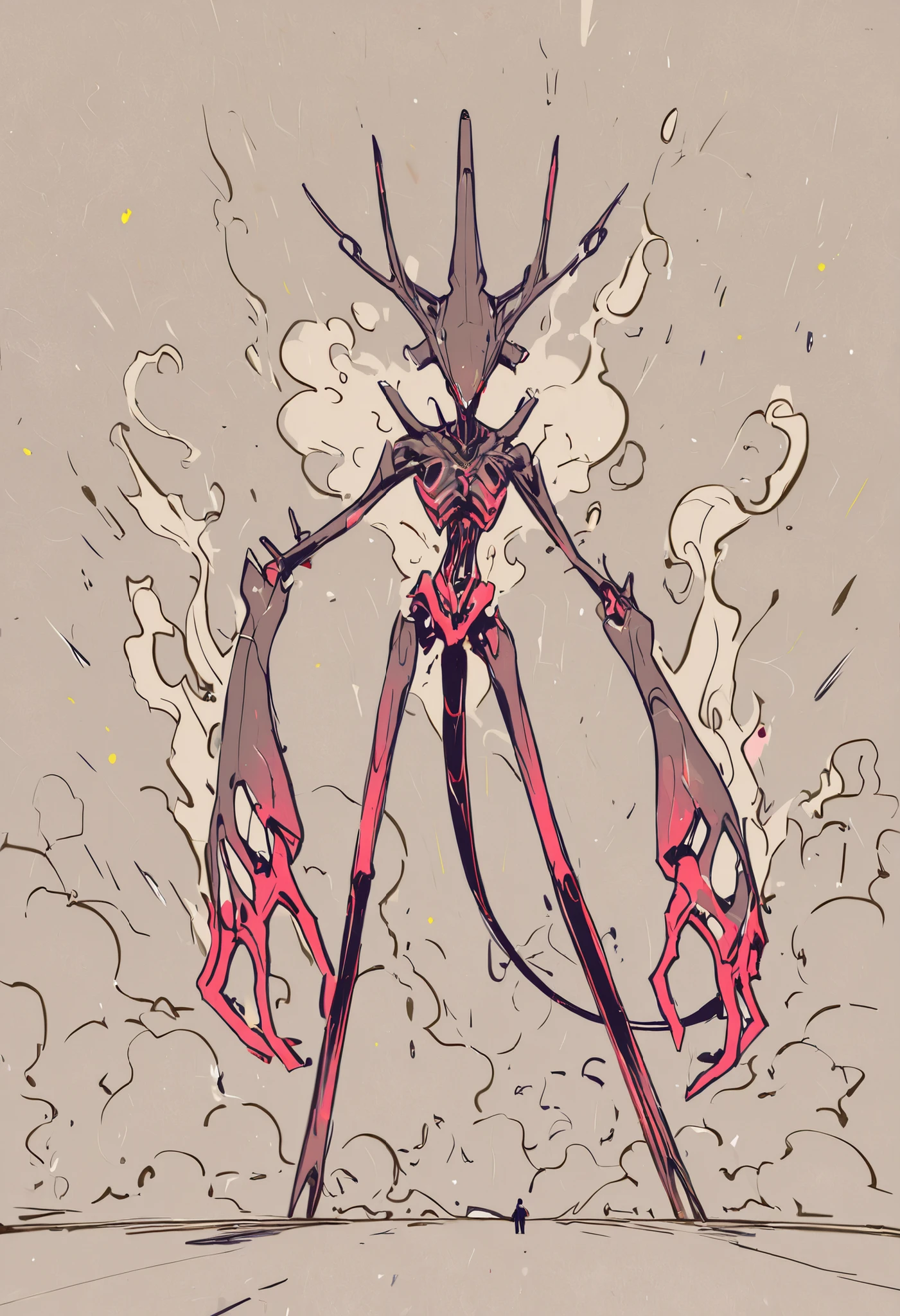 Game monster, sketch, concept art, nano machine, bright color, steam, black and bluue, nanotech, Formless , dimorphism, on plain white canvas, rough, thin lines, 2d, concepts art, standing, large, wide front arms, and thin legs , tail, Masterpiece, incredible quality, perspective, dynamic pose, dynamic Dutch angle,Alone, brutal, cunning, the surge style, cyberpunk vibe