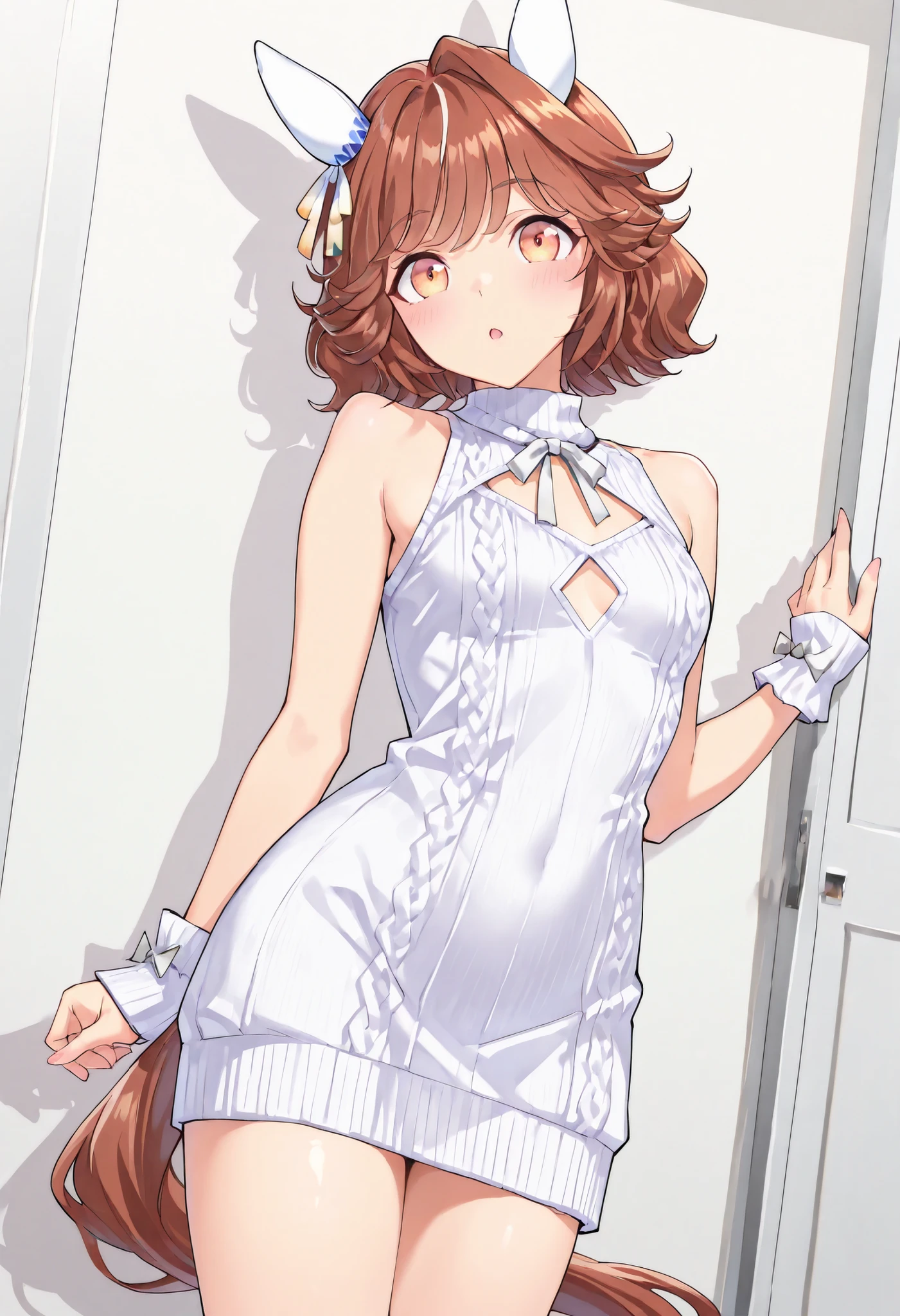 (masterpiece, best quality, perfect face:1.4), wide angle, haiseiko \(umamusume\), 1girl, brown hair, orange eyes, ear covers, horse ears, ear ornament, horse tail, tail on the lower back, proportional body, proportional,1 girl, beautiful hair, beautiful face, beautiful detailed eyes, beautiful clavicle, beautiful body, beautiful chest, beautiful thigh, beautiful legs, beautiful fingers, BREAK //Fashions Laced Innocence Sweater Dress High-neck sleeveless sweater dress with circular chest cutout and lace-up sides that expose glimpses of smooth skin, Small ribbon bow ties secure each lace section, adding delicate contrast to knitted material, Skirt hem trimmed with scalloped knit pattern, rising flirtatiously with movement, Matching fingerless knit cuffs extend past wrists, BREAK enhancing cozy yet revealing appeal, The silhouette combines warmth, Elegance, and irresistible intimacy BREAK , realistic skin, textured skin, HDR, good hands,