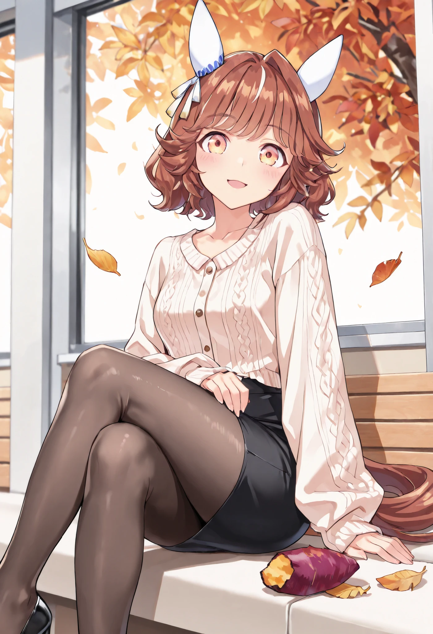 (masterpiece, best quality, perfect face:1.4), wide angle, haiseiko \(umamusume\), 1girl, brown hair, orange eyes, ear covers, horse ears, ear ornament, horse tail, tail on the lower back, proportional body, proportional,1 girl, beautiful hair, beautiful face, beautiful detailed eyes, beautiful clavicle, beautiful body, beautiful chest, beautiful thigh, beautiful legs, beautiful fingers, looking at viewer, BREAK, white no sleeve blouse, wide neckline, black medium pencil skirt, black pantyhose, black pumps, sitting, crossed legs, BREAK, background: golden autumn park, ground layered with fallen leaves, warm sunset light filtering through red and orange foliage, food stalls faintly blurred in distance, air alive with cozy seasonal atmosphere, composition: cinematic close-mid shot, focus on her joyful expression and food, roasted sweet potato steaming visibly, leaves drifting softly in breeze, warm golden light framing subject in gentle glow, textures: crisp cardigan knit, glossy sweet potato skin splitting to reveal steaming golden interior, fallen leaves detailed in various hues, silky hair strands highlighted with sunset tones, skin radiant against warm palette, BREAK, good hands,