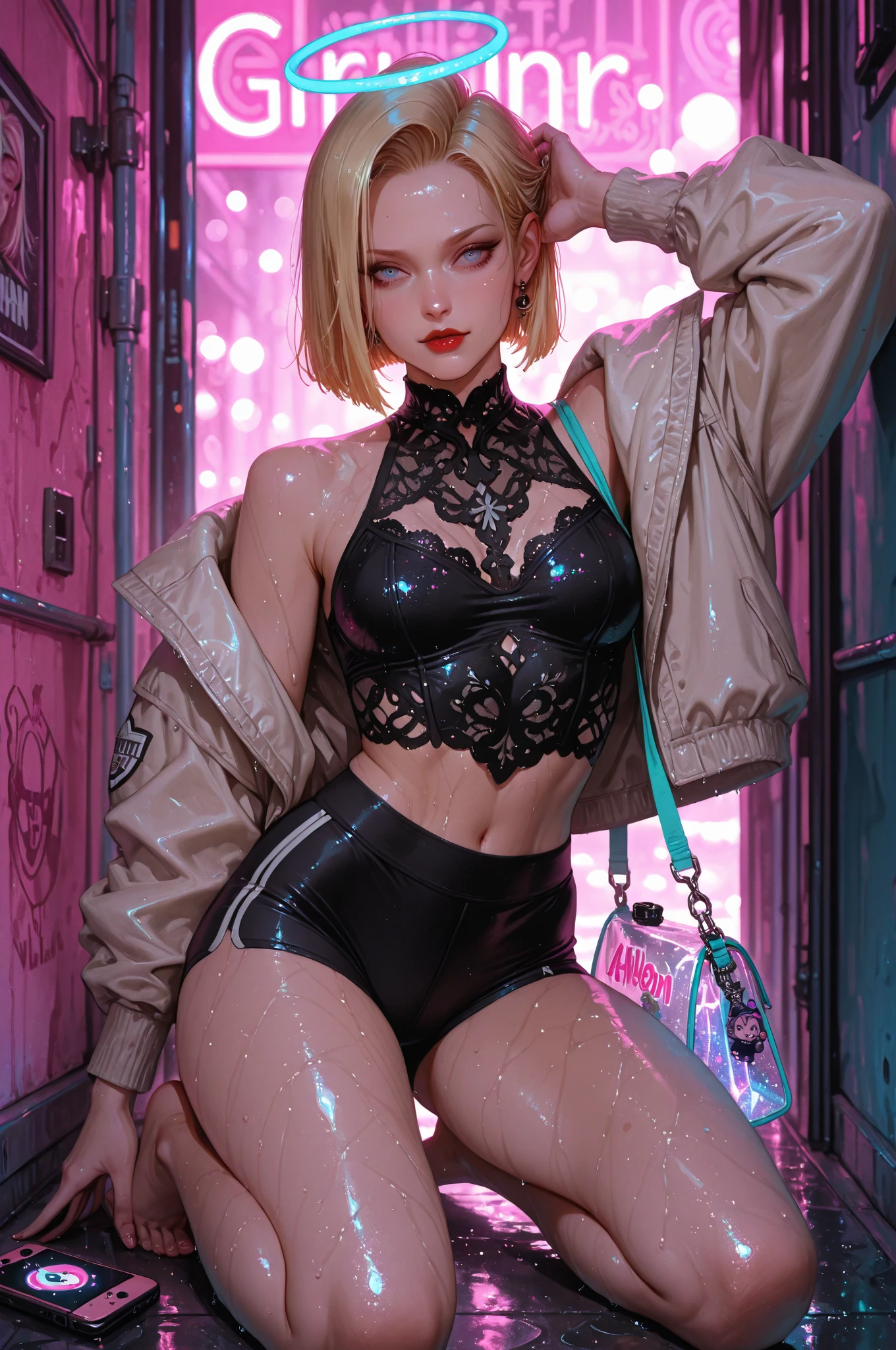 A realistic rendering of a David Wright style illustration of a very close shot, ultra close shot on the ???????  of two    pert, nubile, thin, freckled  teen   girls with 50s style, very short brown hair, bows in hair, slight smile, ???????, best quality, tiny ???????, ???? ???????, small ???????, ???? ??????, exposed ??????, legs spread open, ?????????, pink ??????? , puffy ????????????????? ??????? , wearing a clear, pink, plastic body armor, clear pink plastic armor, clear, pink, plastic body harness, clear, pink, plastic body cage,  pink bondage straps, neon, glowing, pink bondage harness, glowing,pink neon torso straps, black, spiked  choker necklace, black leather jacket,  a silver chain wrapped around body, open, white blouse, white lace collar, pastel lace, pastel lace straps under ???????, pastel lace straps under ???????,  open light blue, fuzzy sweater, ??????????,     
  uniform, partially clothed, sitting  in a bondage harness swing, in a pink, neon lit, 1950s teen girl's bedroom, glowing pink, neon lights, full of bondage straps,, ultra close shot on ??????? 