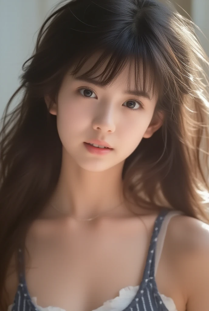 （lifelike， high - resolution：1.3）， 1 girl with a perfect body， Super fine face and eyes，slong hair， Tank top of random colors：1.2， short jeans， big boob，Expose cleavage