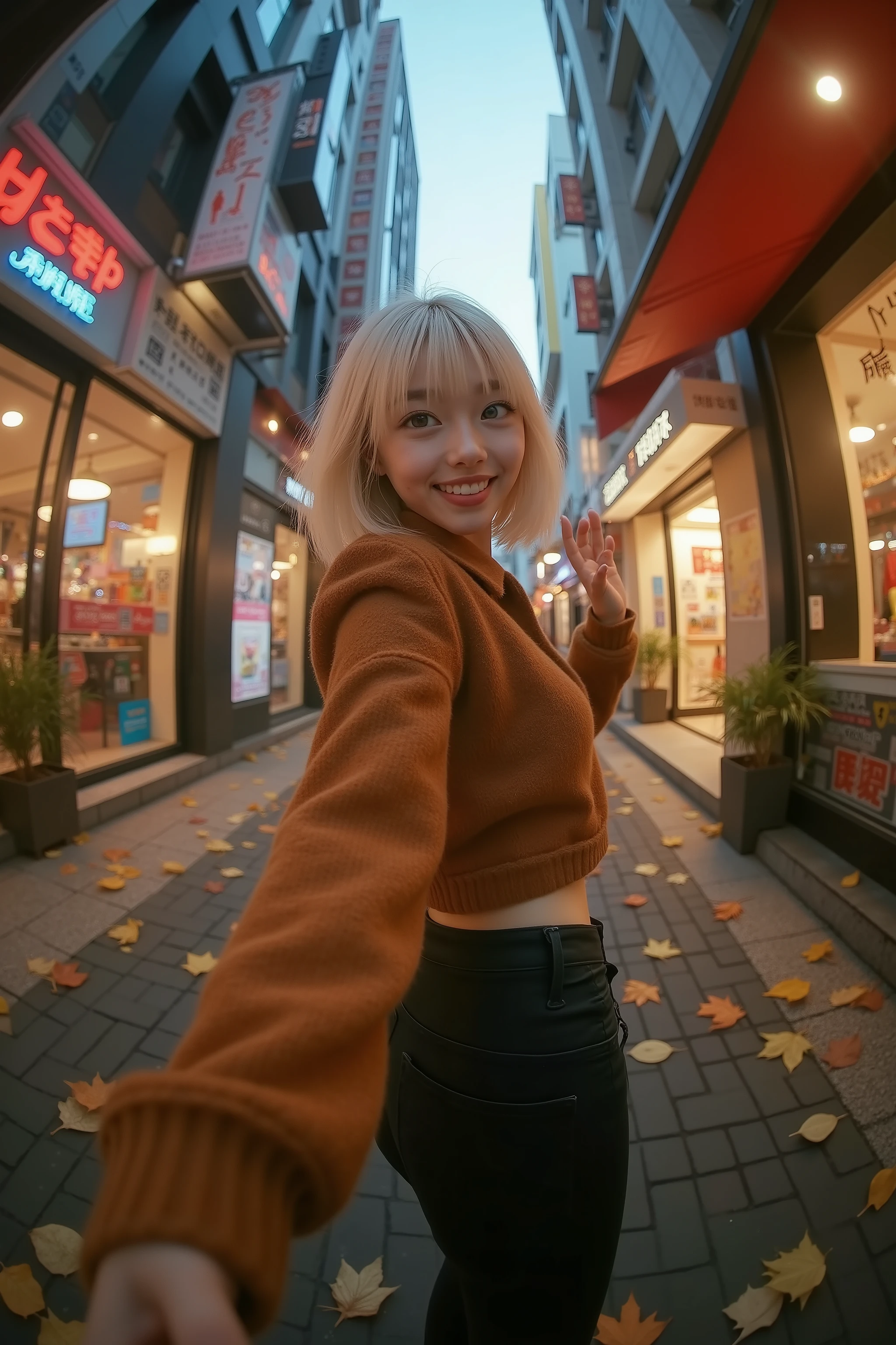 8K resolution ultra-low angle fisheye lens scene with dramatic barrel distortion from below of a 16-17-year-old Japanese girl with a blonde bob haircut, brown almond eyes, and a bright, playful, mischievous smile, featuring realistic anatomy, natural body proportions, and symmetrical features, rear three-quarter view emphasizing her tight black skinny jeans hugging her hips and legs, upper body turned slightly over shoulder to show her warm inviting smile and waving hand, walking on a leaf-strewn autumn city sidewalk with blurred neon shops curving in fisheye effect, golden hour light casting elongated shadows for immersive, dynamic depth.