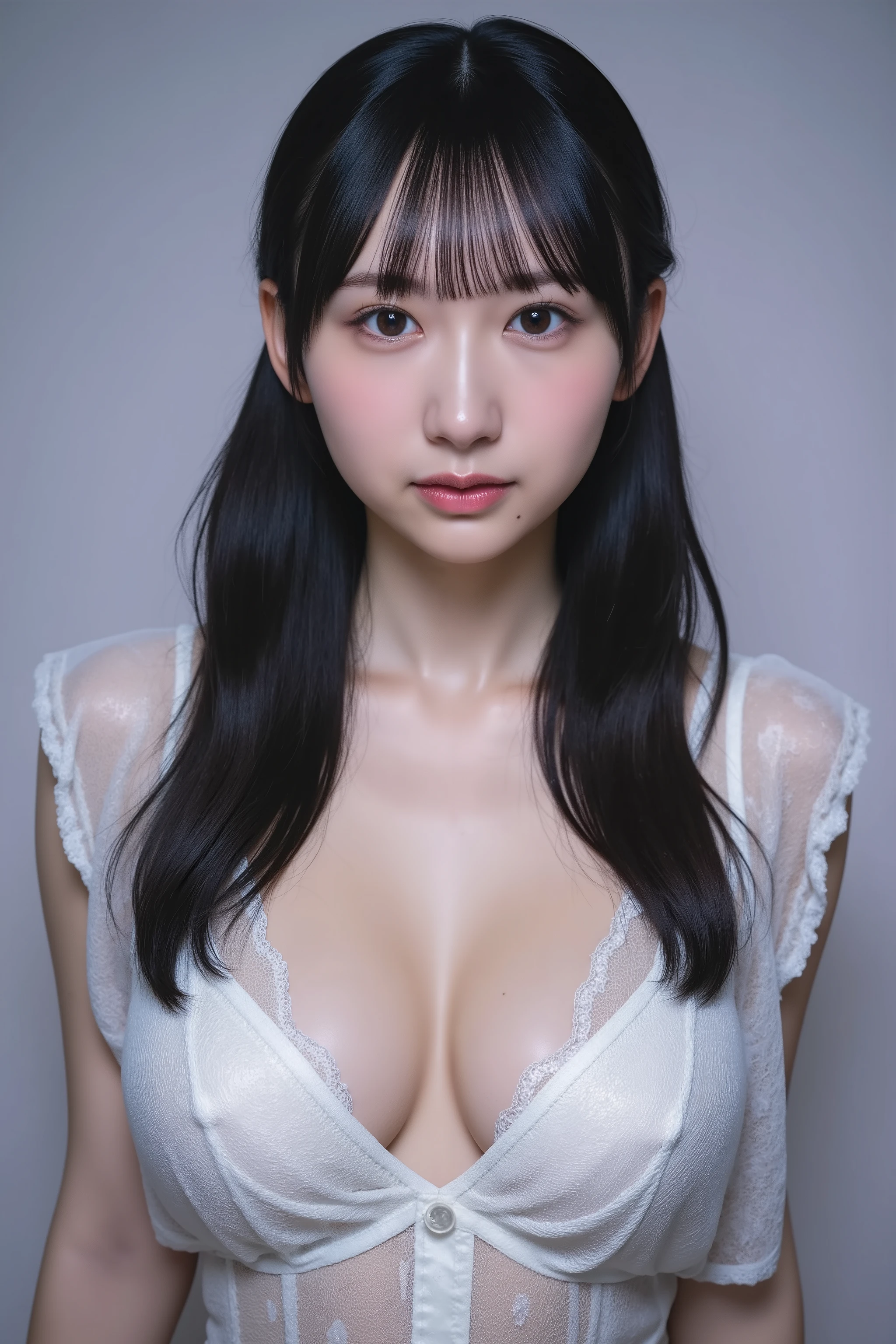 32k, Masterpiece, top quality, (Beautiful Woman) dark hair, sleek, intense gaze, red lipstick, subtle eye makeup, sophisticated, powerful, soft lighting, even lighting, high-quality image, sharp details, clear focus, Her expression is serious and somewhat intense, with a direct gaze at the camera.
front open shirt, transparent, pure, This photo shows a cute Japanese woman, The image is of very high quality, with clear skin texture. The focus is on her face. The focus is very sharp. ultra detailed, thin waist. white lace panties. Her whole body is in the picture. Her facial expression is sexy. smile, She is facing forward. She has shiny black hair. Her skin is beautiful, fair, finely textured, and even. Her breasts are large and firm. upper body, Shibuya shopping street at night,