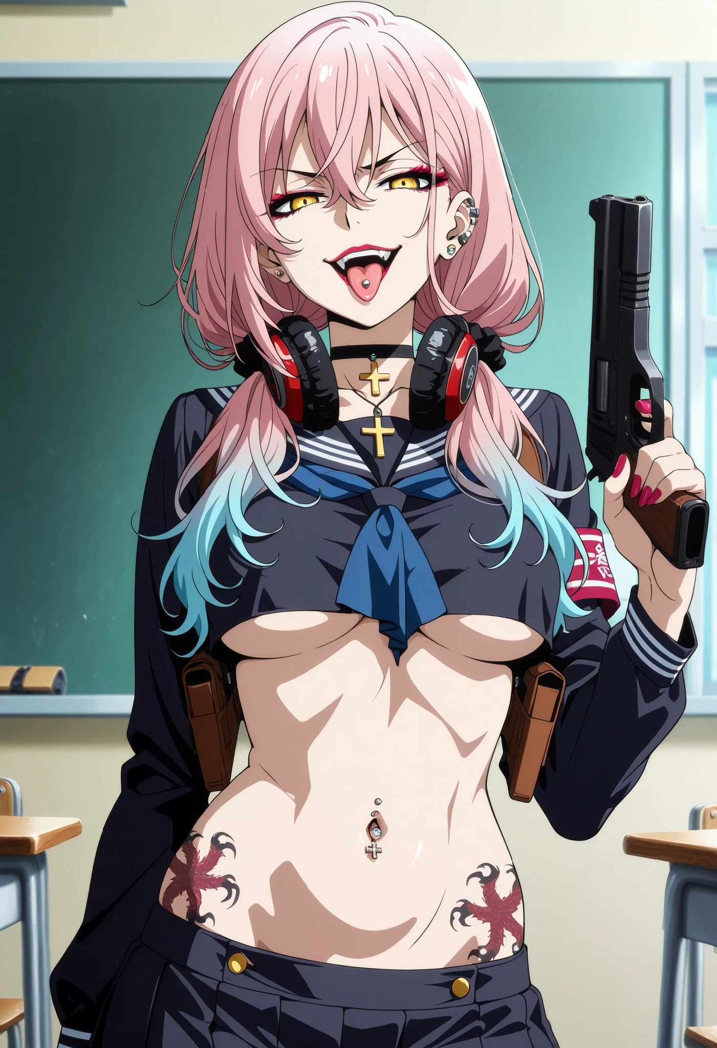 1girl, solo , source_anime, doctor, long hair, bangs, hair between eyes, yellow eyes, pink hair, makeup, lipstick, multicolored hair, gradient hair, scrunchie, blue hair,,nail polish, ear piercing, long hair, , lipstick, Hot girl, baddie,, sensual, attractive ,choker , cross necklace,  masterpiece, best quality, highly detailed, a girls in sailor uniforms with a gun posing for a picture, evil smile, smile, open mouth,black_serafuku, (nsfw) not safe for work, ecchi style, high school girls, holding a gun, hold a gun, micro skirt, exposed belly, exposed navel, exposed midriff, holding pistol,underboob, exposed lower belly,school, classroom, navel piercing , shoulder holster,, headphones around neck, tongue piercing , tongue out , open mouth, medium breast ,looking at viewer , dragon tattoo on waist, narrowed eyes, tattoo on waist, anipai_style , anime screencap , anime coloring, v-shape eyebrows