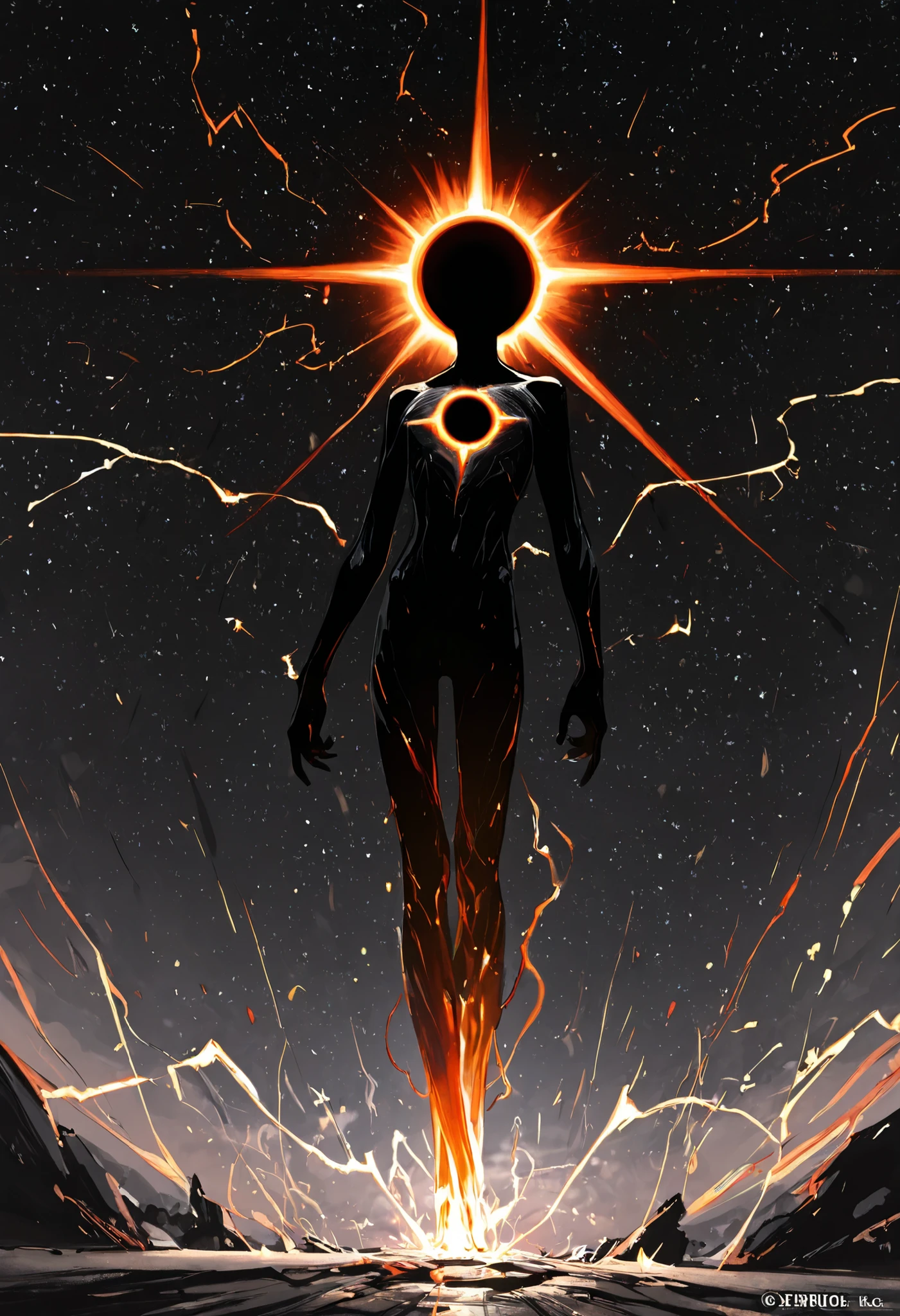 Game monster, sketch, concept art, All black human silhouette with a stellar black hole on the torso, body made of galaxy, bright color, black skin, orange and red energy, his body radiate small sparks of electricity, on plain white canvas, rough, thin lines, 2d, concepts art, Masterpiece, incredible quality, perspective, dynamic pose, dynamic Dutch angle,Alone , grew old, brutal, cunning, Energy Creature, A stellar black hole in the center of his chest 