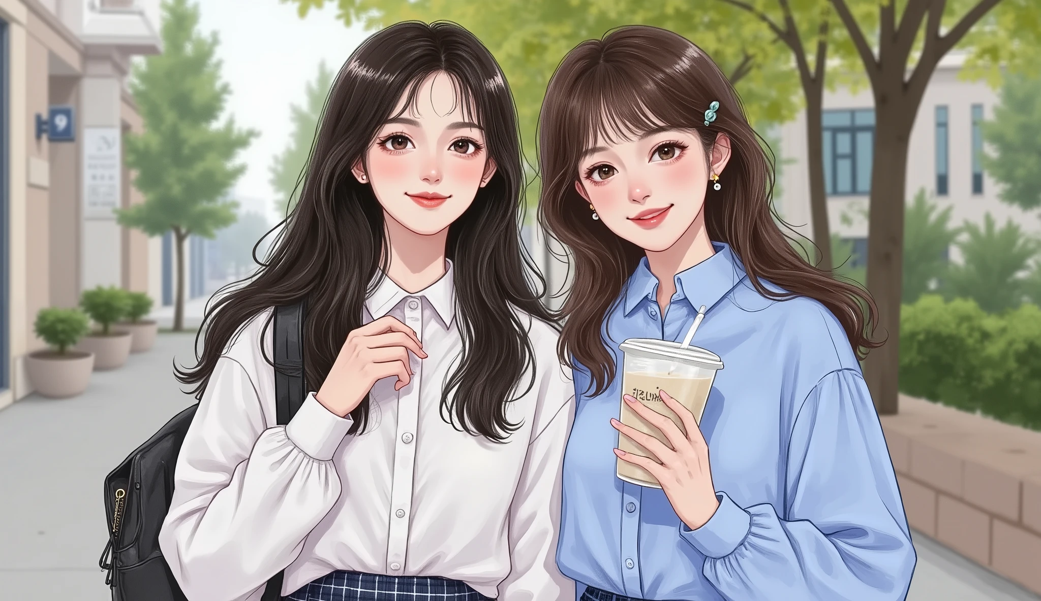 two 20-year-old girls looking directly at the camera, semi-realistic manhwa style, close-up waist-up portrait, clear detailed facial features, natural daylight.
Modern Chinese university campus background with school buildings and trees slightly blurred.
The first girl has long straight black hair, fair skin, natural Douyin-style makeup with soft blush and glossy lips, wearing a white shirt and plaid skirt, carrying a backpack.
The second girl has shoulder-length brown hair with bangs, soft Douyin-style makeup, wearing a light blue blouse, holding a cup of milk tea.
Both smile gently at the camera, warm youthful vibe, high-quality illustration, soft balanced lighting, modern school atmosphere.