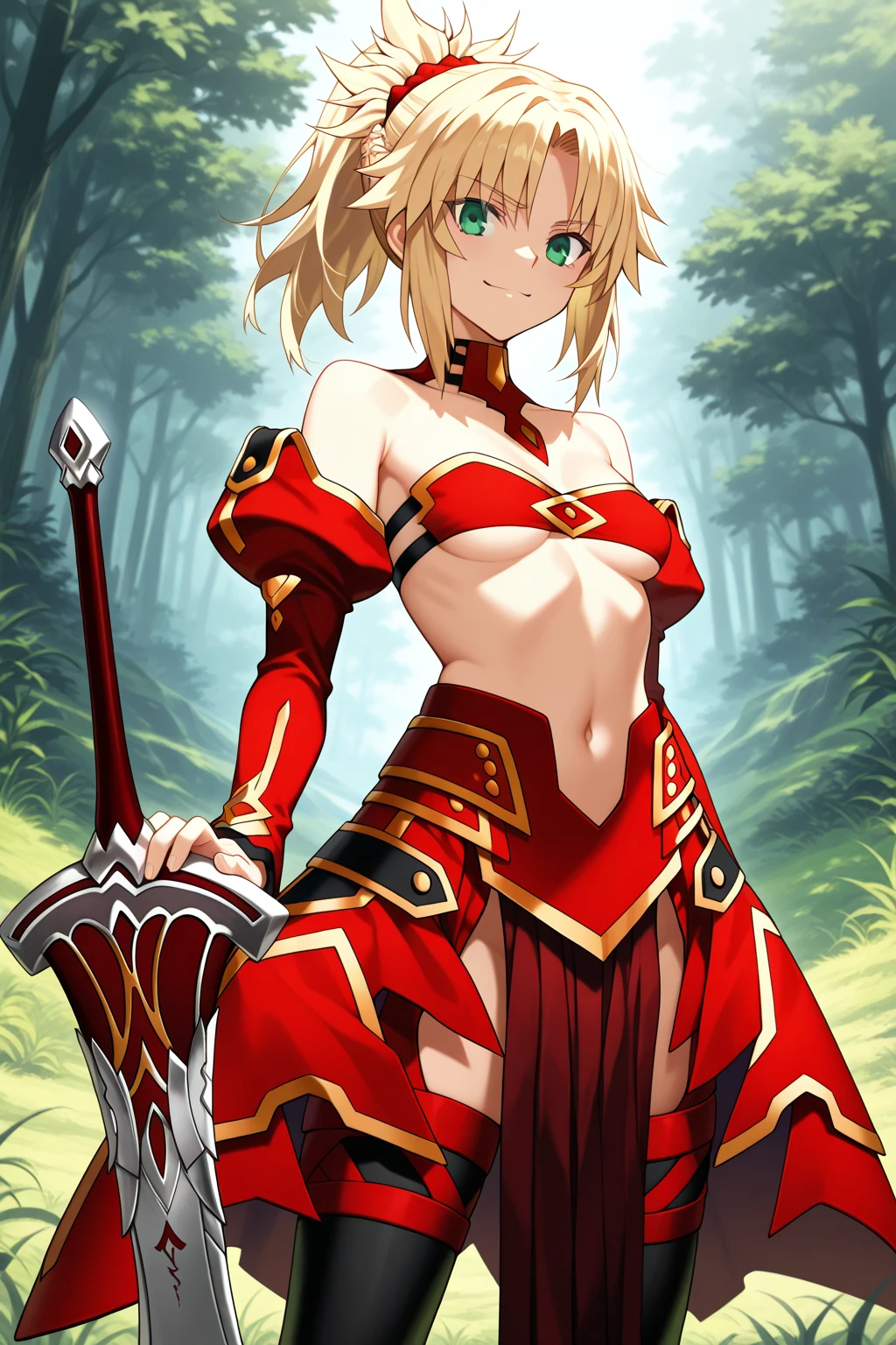 anime screencap, masterpiece, best quality,
<lora:FateApocrypha_Mordred_IlluXL:0.9>,
1girl, solo, crazy smile, grin, clenched teeth,
ponytail, parted bangs, french braid, blonde hair, red scrunchie, green eyes,
detached collar, red bandeau, small breasts, navel, detached sleeves, red overskirt, gold trim, pelvic curtain, black thighhighs,
sword over shoulder, holding sword, clarent \(fate\),
standing, looking at viewer, cowboy shot,
outdoors, forest, dark, sunset, fog, blurry background