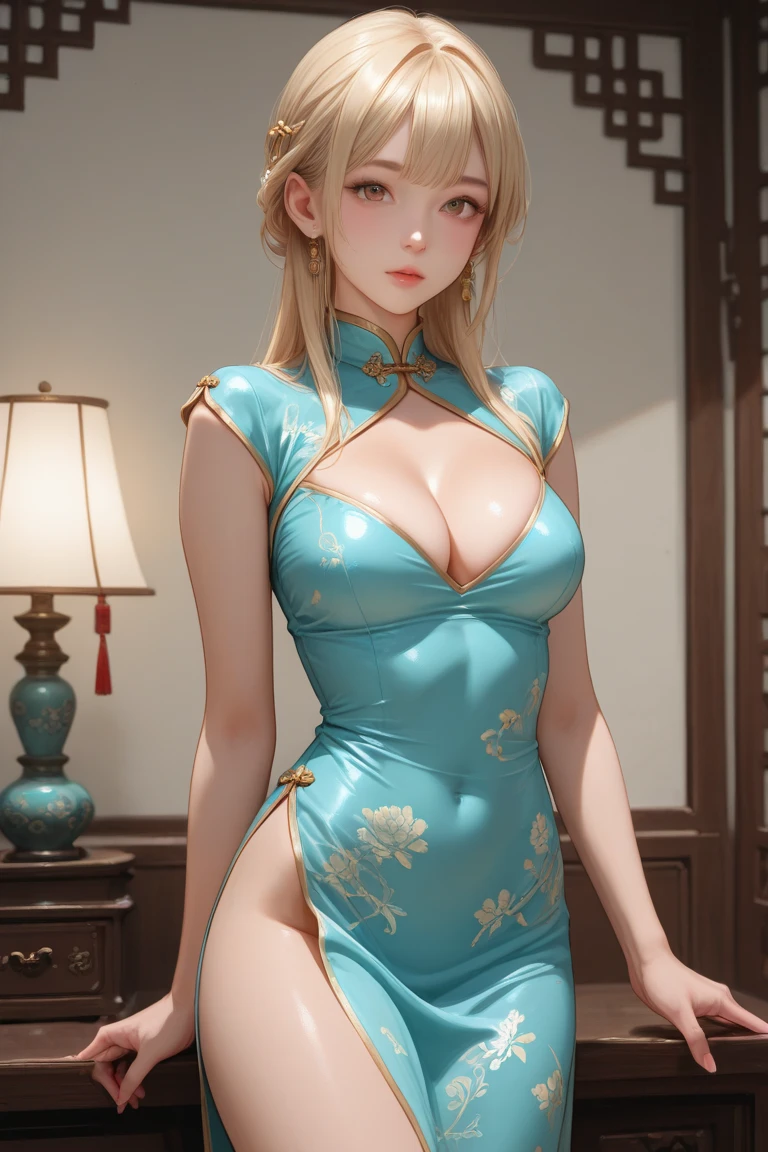 8K, Best Quality, Real Image, Intricate Detail, Ultra Detail, Ultra High Definition, Depth Field, (Photorealistic, Real: 1.2), Masterpiece, Good Hand, 4K, High Definition, Masterpiece, Best Quality, 1girl, (Korean K-pop Idol), Fine Skin, Sharp Focus, (Film Lighting), Clavicle, Morning, Soft Lighting, Dynamic Angle, [:( Detail Face: 1.2) :0.2], armpit wrinkles, thigh gaps, slender, , whole body, lipstick, blue eyes, blonde hair, messy hair,slouch, Chinese dress