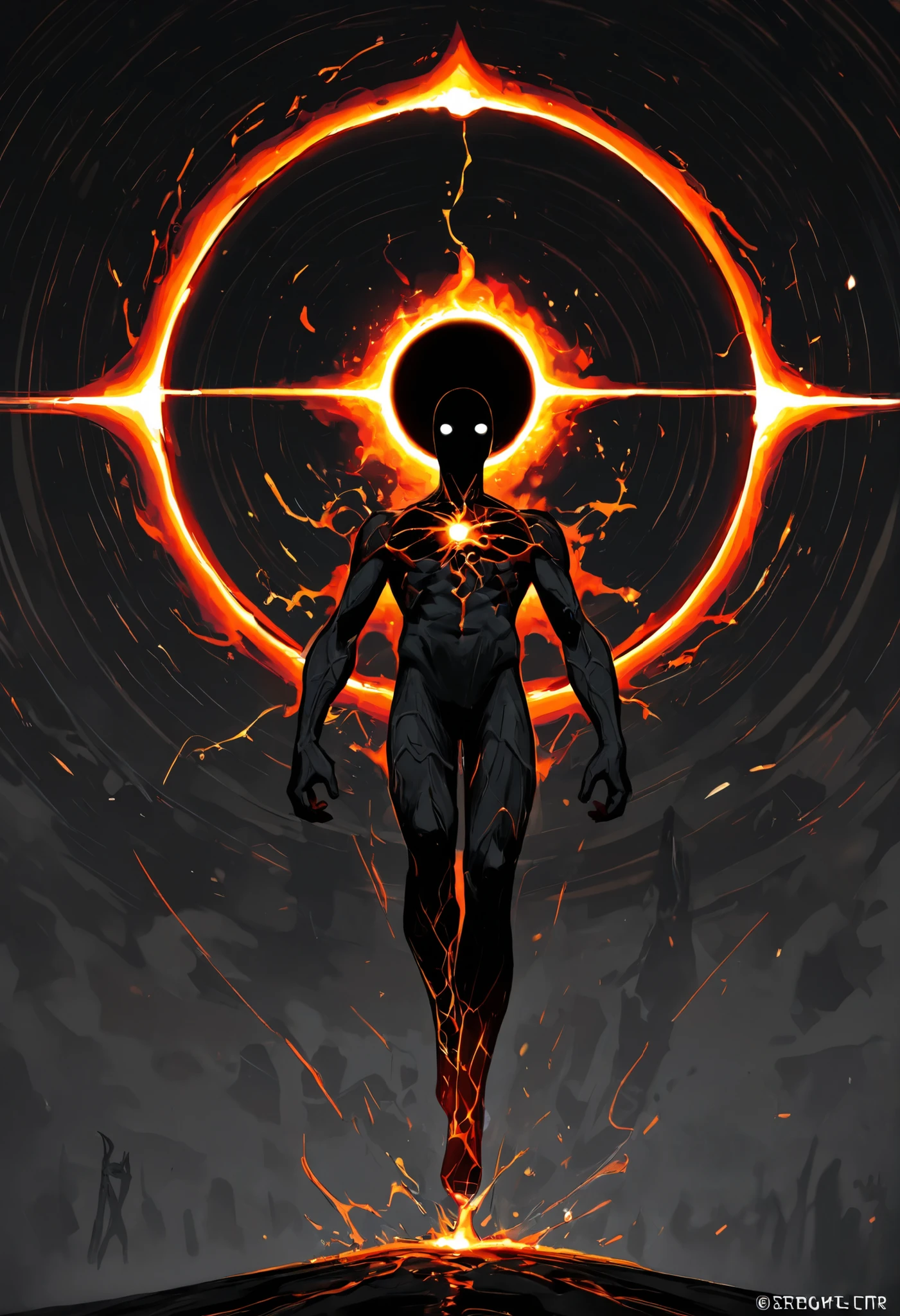 Game monster, sketch, concept art, All black human silhouette with a stellar black hole at the center of his chest, bright color, black skin, orange and red energy,  white eyes, round eyes , glowing eyes, on plain white canvas, rough, thin lines, 2d, concepts art, Masterpiece, incredible quality, perspective, dynamic pose, dynamic Dutch angle,Alone , grew old, brutal, cunning, orange energy around him, orange aura, Veins of blue energy run through his body.