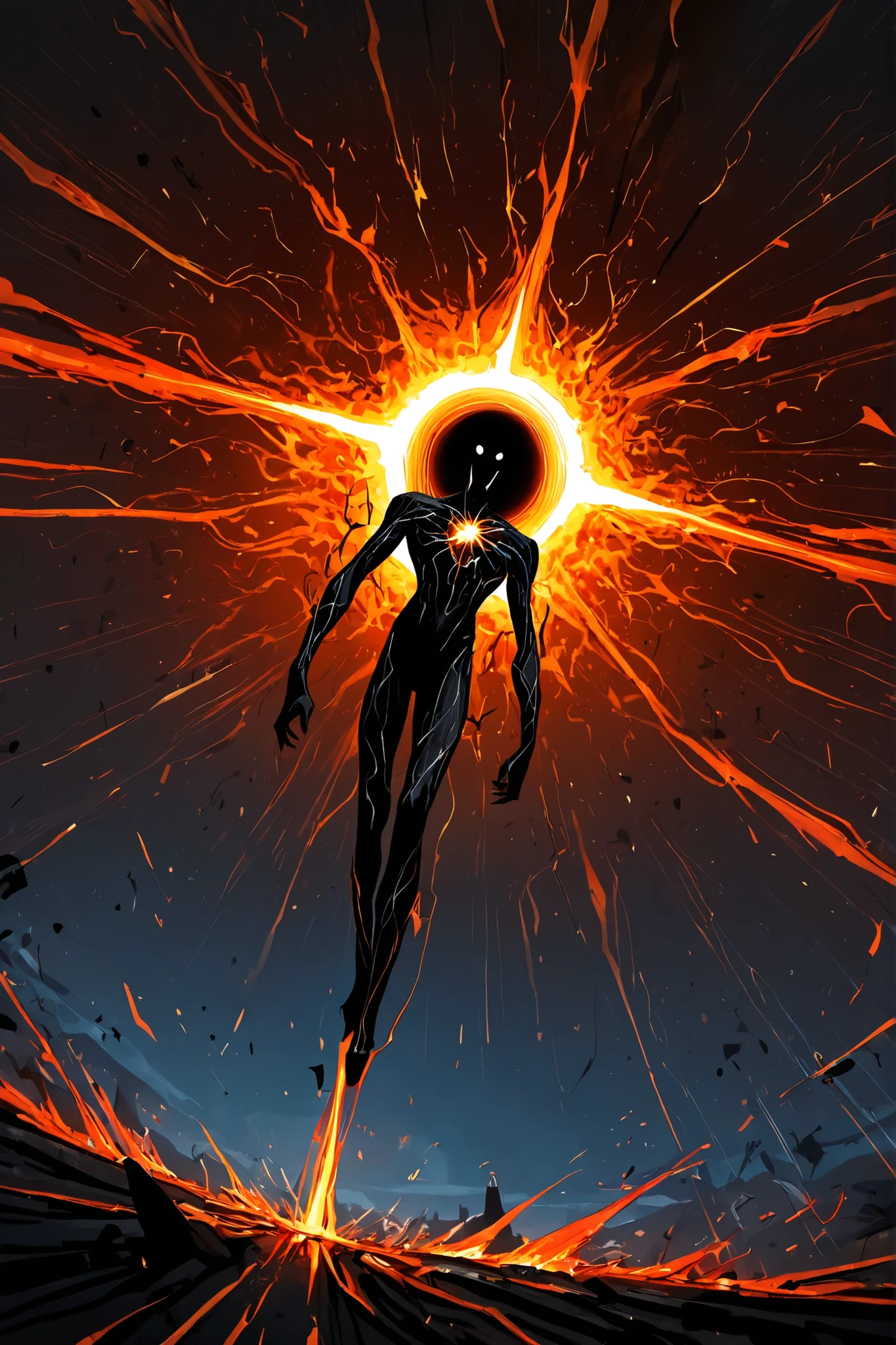 Game monster, sketch, concept art, All black human silhouette with a stellar black hole at the center of his chest, bright color, black skin, orange and red energy, white eyes, round eyes , glowing eyes, on plain white canvas, rough, thin lines, 2d, concepts art, Masterpiece, incredible quality, perspective, dynamic pose, dynamic Dutch angle,Alone , grew old, brutal, cunning, orange energy around him, orange aura, Veins of blue energy run through his body. Energy veins