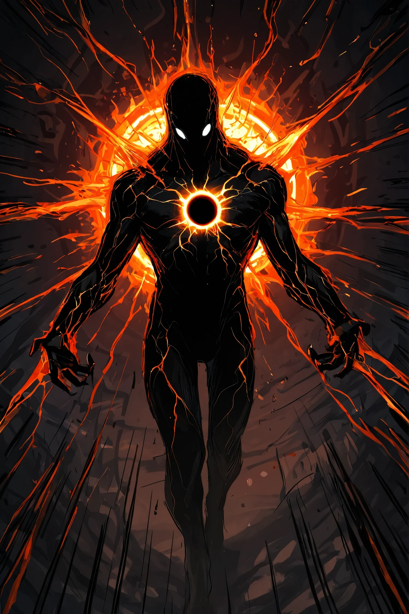 Game monster, sketch, concept art, All black human silhouette with a stellar black hole at the center of his chest, bright color, black skin, orange and red energy, white eyes, round eyes , glowing eyes, on plain white canvas, rough, thin lines, 2d, concepts art, Masterpiece, incredible quality, perspective, dynamic pose, dynamic Dutch angle,Alone , grew old, brutal, cunning, orange energy around him, orange aura, Veins of blue energy run through his body. Energy veins, game monsters sketch, intimidating