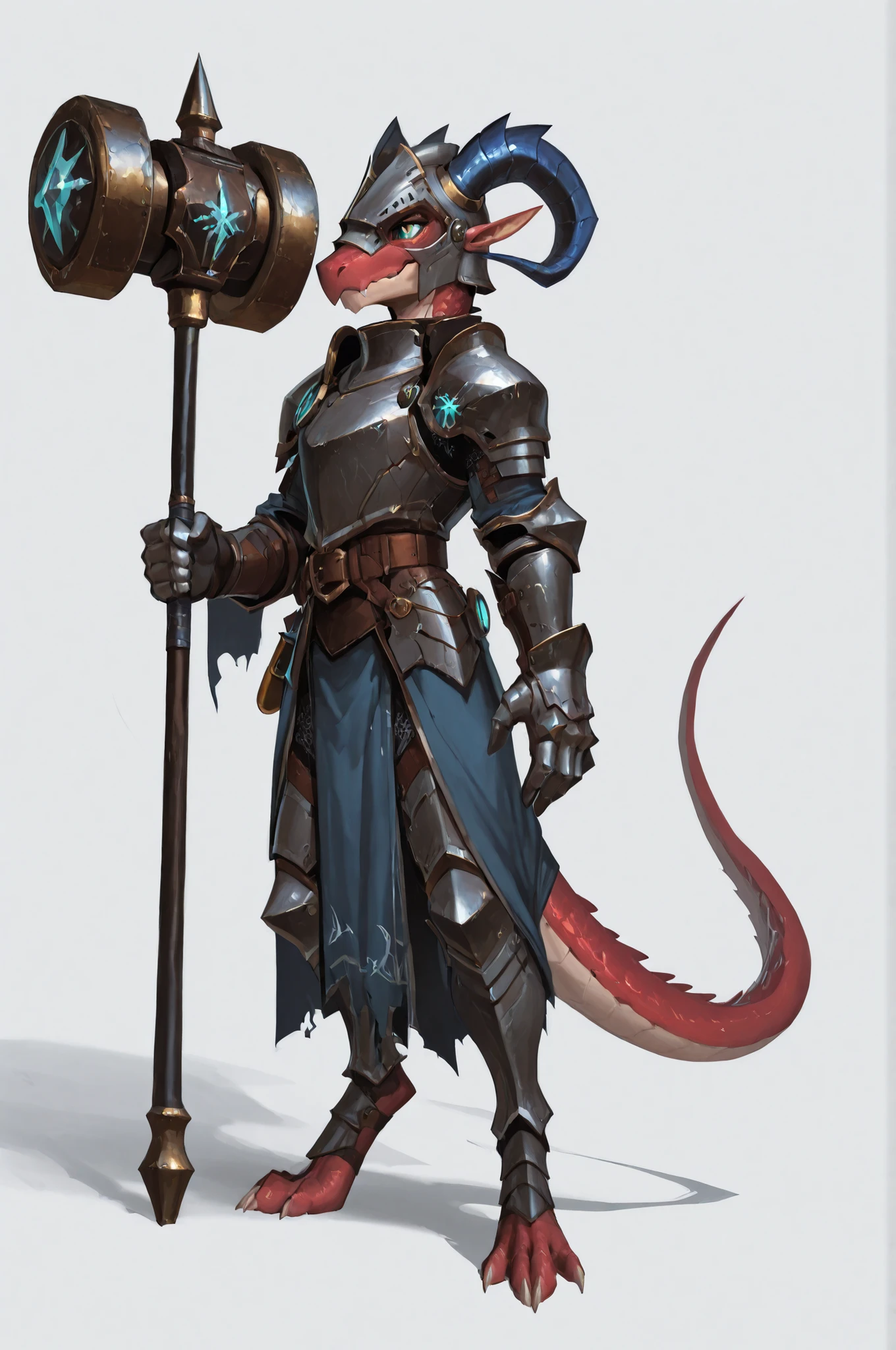 WarlockMaster, winged helmet, helm, pauldrons, shoulder armor, armor, full armor, cape, gauntlets, brown belt,pointed ears, long draconic snout, lean physique, kobold, blue scales, great gray horns, highly detailed, best quality, holding great iron hammer