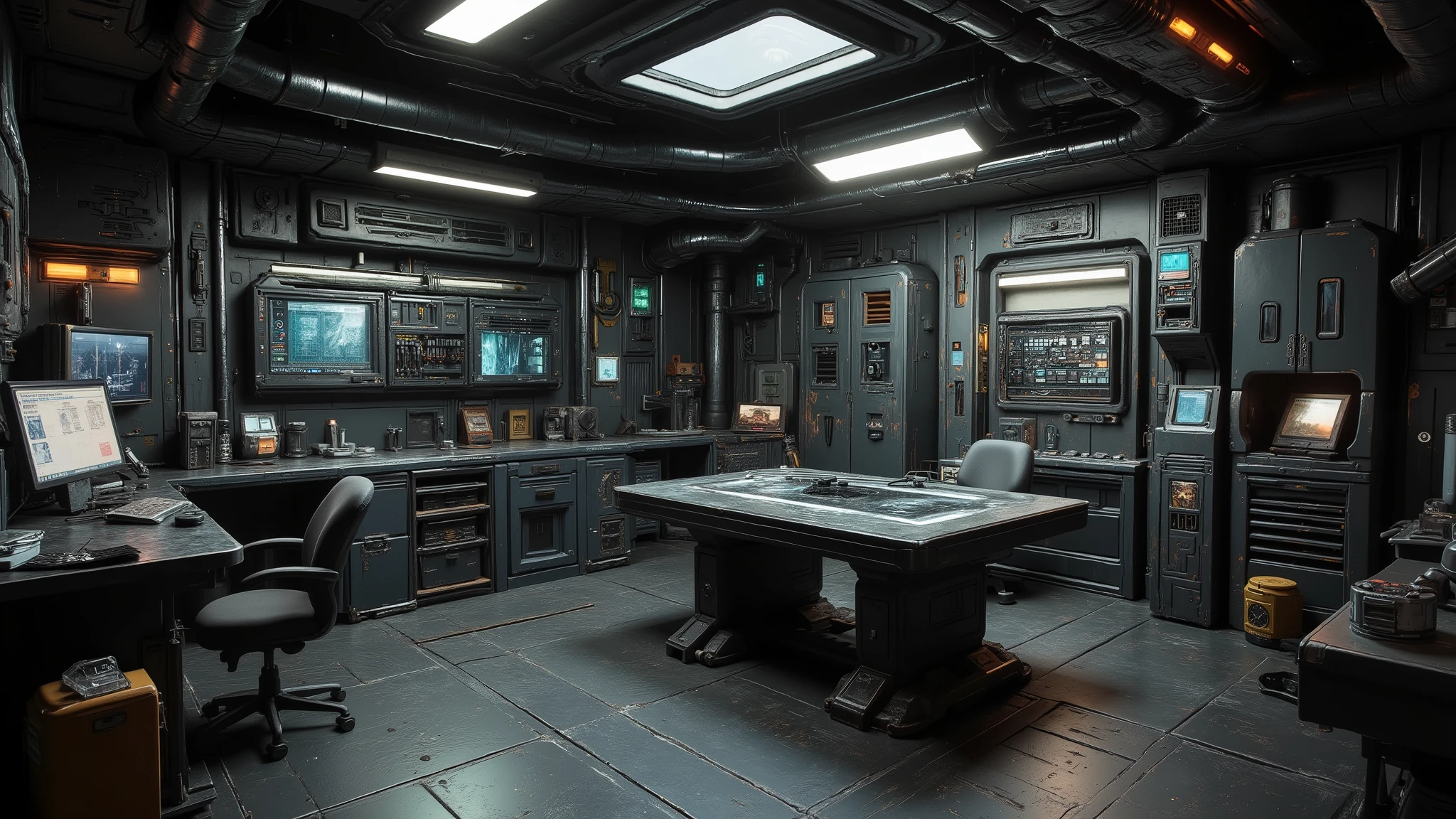 ((Best quality)), ((masterpiece)): Create engineer workshop room from Warhammer 40K, it's a engineer workshop room with plain pale black color mix scifi style, has a desk, holographic table in the middle of the room, Military style tool cabinet built into the corner wall of the room, It has a space to allow for adding a complete with a bathroom, one window.