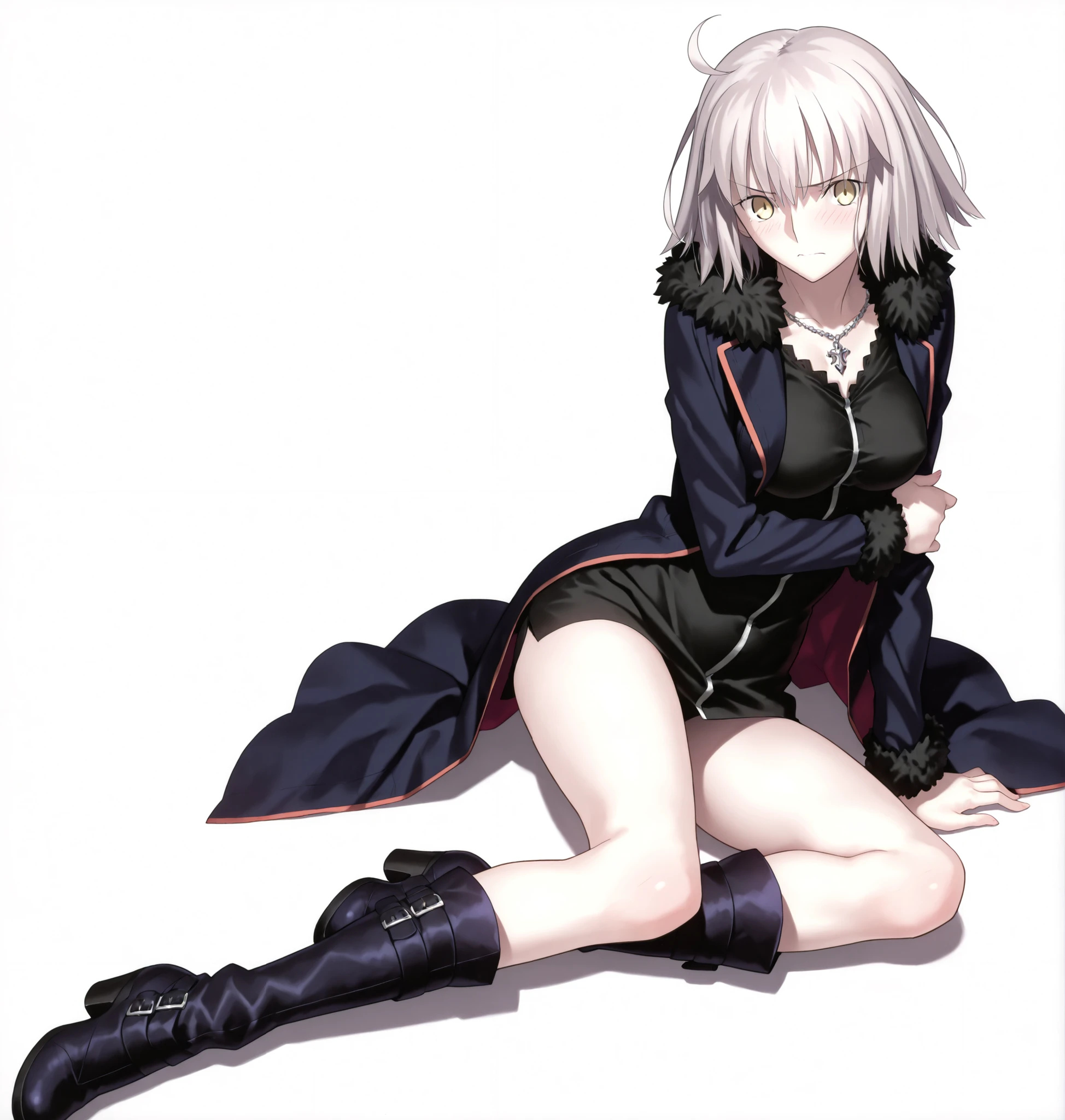 masterpiece, , absurdres, highres, detailed background, high resolution, masterpiece, necessary, detail, best quality, quality, necessary, details, High details, Precise, 8k, ,(white background, simple background ,), shot ,
1girl, , (type-moon) style, ,Takeuchi Takashi style, (aged up),(very long legs), (sitting ,yokozuwari), hold own arm ,
very tall girl, girl, slim arms ,Jeanne d'arc alter shinjuku, short hair ,yellow eyes, light gray hair, ()high boots, , ,looking at viewer, from above, light embarrassed, ,