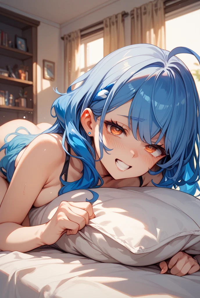 ((masterpiece)), ((best quality)), (ultra-detailed), anime style, on the bed, a cute girl, 1girl, solo, ????00, ((beautiful eyes)), beautiful blue hair, smile, ((open ?????)), ((cute ???????)), small ??????