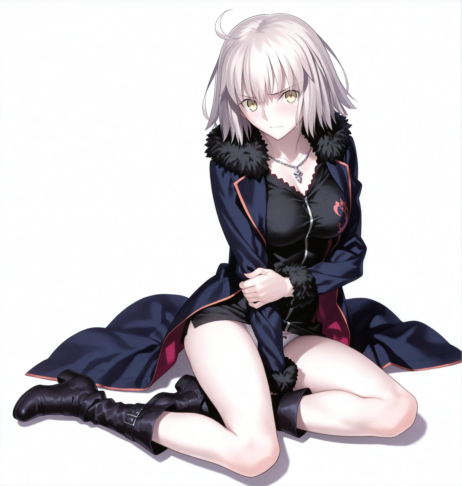 masterpiece, , absurdres, highres, detailed background, high resolution, masterpiece, necessary, detail, best quality, quality, necessary, details, High details, Precise, 8k, ,(white background, simple background ,), shot ,
1girl, , (type-moon) style, ,Takeuchi Takashi style, (aged up),(), (sitting ,yokozuwari), hold own arm, white panties slip, ,
very tall girl, girl, slim arms ,Jeanne d'arc alter shinjuku, short hair ,yellow eyes, light gray hair, ()high boots, , ,looking at viewer, from above, light embarrassed, ,