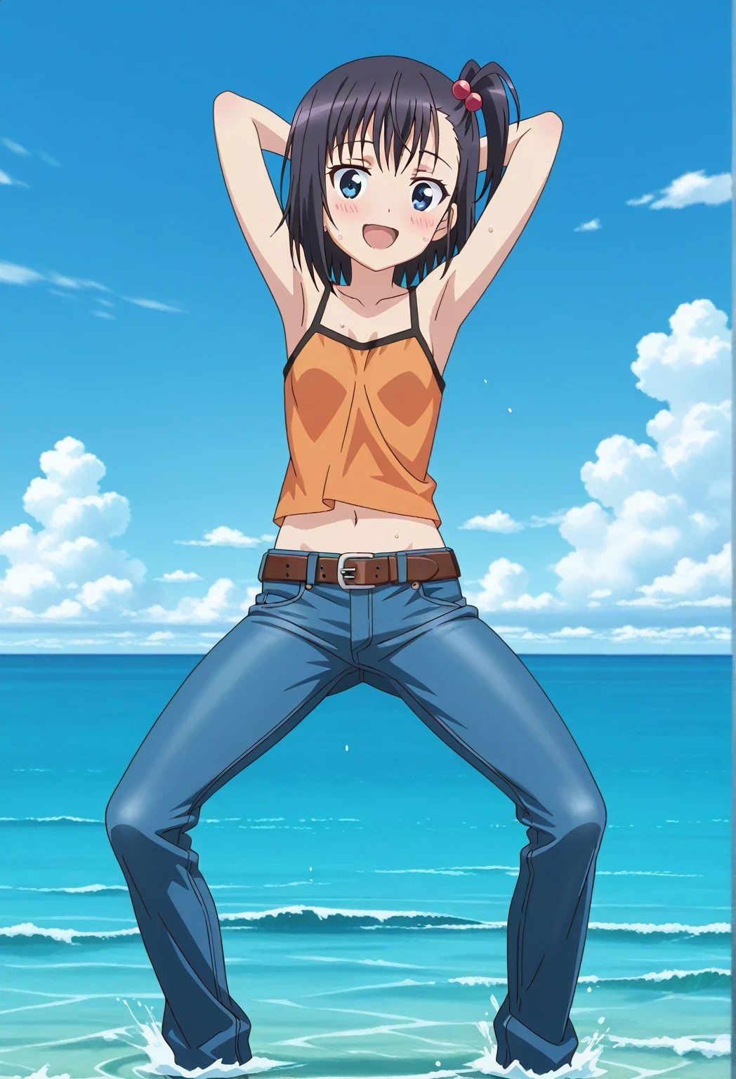 score_9, score_8_up, score_7_up, source_anime, highres, hi res, ((best quality, top quality, perfect quality, Highest Quality, amazing quality)), {{masterpiece}}, {{an extremely delicate and beautiful}}, 2d, intricate details, official style, anime, 8k, anime style, official_anime, official art, digital painting, cell shading, soft shading, high resolution, soothing tones, Subdued Color, Soft cinematic light, adobe lightroom, photolab, HDR, intricately and hyper-detailed, ((high quality animation)), 1 girl, Alone, solo, ((ocean)), tsunami, on the water, day, sunny, outdoors, sky, windy, hikage miyauchi, short hair, blue eyes, black hair, side ponytail, one side up, hair bobbles, anime screencap, small breasts, orange camisole top, crop top, orange crop top, best quality, hyper-detailed jeans, belt, brown belt, ((blue jeans:1.9)), (dark blue jeans:0.6), full medium body, medium shot, Open mouth, smiling, happy face, blush, sweat, standing, ((arms behind head:6.0)), ((perfect arm line:2.5)), bowlegged, jumping pose, action, looking at viewer, spread legs, Bend knees slightly, straight-on front view