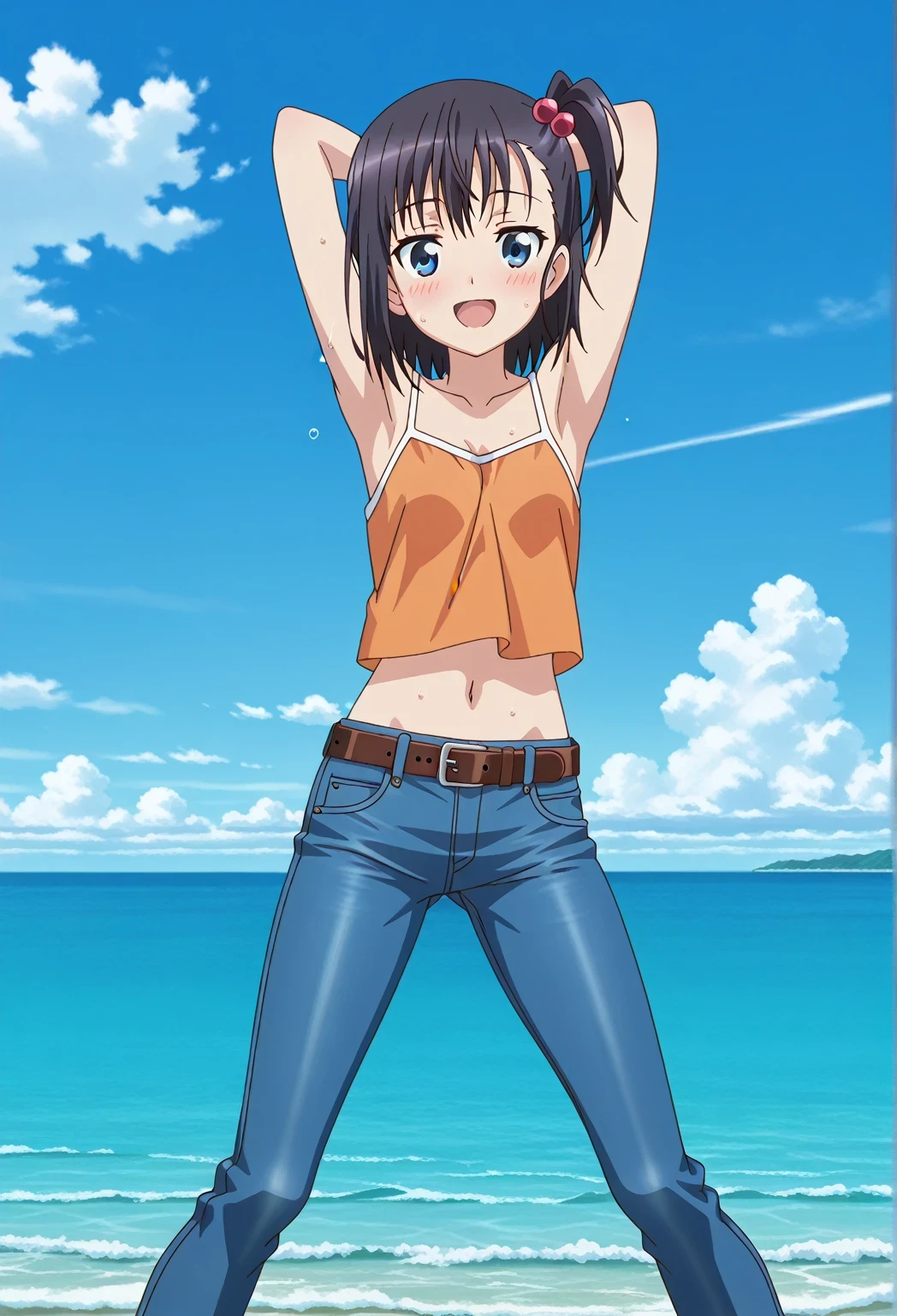 score_9, score_8_up, score_7_up, source_anime, highres, hi res, ((best quality, top quality, perfect quality, Highest Quality, amazing quality)), {{masterpiece}}, {{an extremely delicate and beautiful}}, 2d, intricate details, official style, anime, 8k, anime style, official_anime, official art, digital painting, cell shading, soft shading, high resolution, soothing tones, Subdued Color, Soft cinematic light, adobe lightroom, photolab, HDR, intricately and hyper-detailed, ((high quality animation)), 1 girl, Alone, solo, ((ocean)), tsunami, on the water, day, sunny, outdoors, sky, windy, hikage miyauchi, short hair, blue eyes, black hair, side ponytail, one side up, hair bobbles, anime screencap, small breasts, orange camisole top, crop top, orange crop top, best quality, hyper-detailed jeans, belt, brown belt, ((blue jeans:1.9)), (dark blue jeans:0.6), full medium body, medium shot, Open mouth, smiling, happy face, blush, sweat, standing, ((arms behind head:6.0)), ((perfect arm line:2.5)), bowlegged, jumping pose, action, looking at viewer, spread legs, Bend knees slightly, straight-on front view