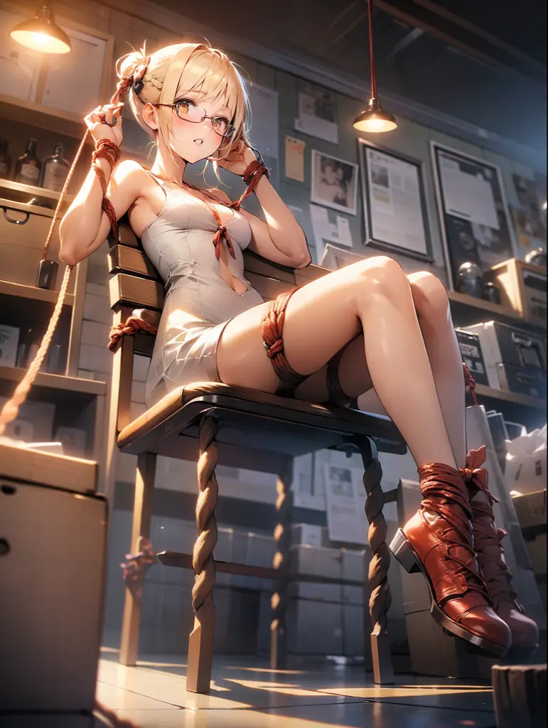 in 8K、top-quality、​masterpiece、ultra-detailliert、Ultra-high resolution、((1 persons))、 Beautiful detailed eyes , poneyTail、a yellow hair、Braided hair、makeups、Home、sitting down on the floor、????-legged , the legs are open。look at the camera , perfect hands, complete ???????), ???? , ????? , M-shaped legs, women opening legs , ??????????? , hands up , tied to a chair in a basement, restraint, ????, restrained legs, restrained ???????????, bound to chair, rope, tied with ropes, beautiful body, beautiful face, tied to chair with ropes, restrained body, unable to move, bondage ropes,  tied up, machine bondage, fully restrained body, ropes everywhere, strictly tied, hardcore bondage ropes, machine bondage,glasses