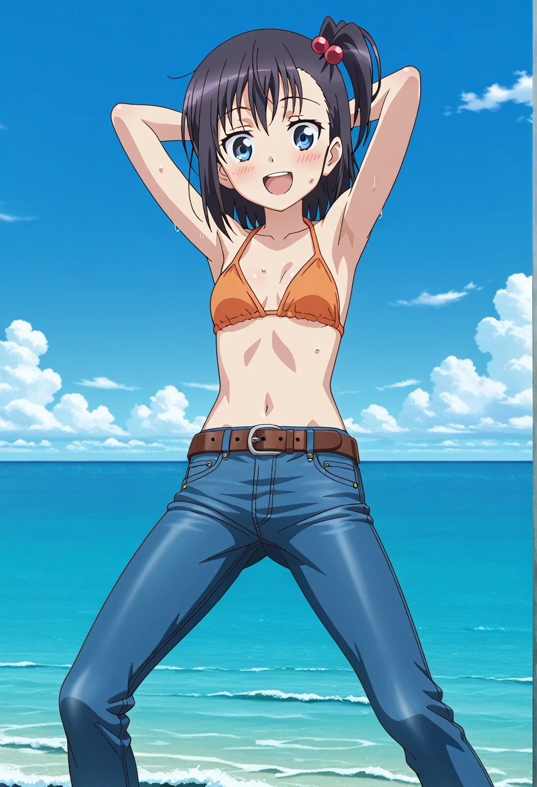 score_9, score_8_up, score_7_up, source_anime, highres, hi res, ((best quality, top quality, perfect quality, Highest Quality, amazing quality)), {{masterpiece}}, {{an extremely delicate and beautiful}}, 2d, intricate details, official style, anime, 8k, anime style, official_anime, official art, digital painting, cell shading, soft shading, high resolution, soothing tones, Subdued Color, Soft cinematic light, adobe lightroom, photolab, HDR, intricately and hyper-detailed, ((high quality animation)), 1 girl, Alone, solo, ((ocean)), tsunami, on the water, day, sunny, outdoors, sky, windy, hikage miyauchi, short hair, blue eyes, black hair, side ponytail, one side up, hair bobbles, anime screencap, small breasts, orange bikini top, best quality, hyper-detailed jeans, belt, brown belt, ((blue jeans:1.9)), (dark blue jeans:0.6), full medium body, medium shot, Open mouth, smiling, happy face, blush, sweat, standing, ((arms behind head:6.0)), ((perfect arm line:2.5)), bowlegged, jumping pose, action, looking at viewer, spread legs, Bend knees slightly, straight-on front view