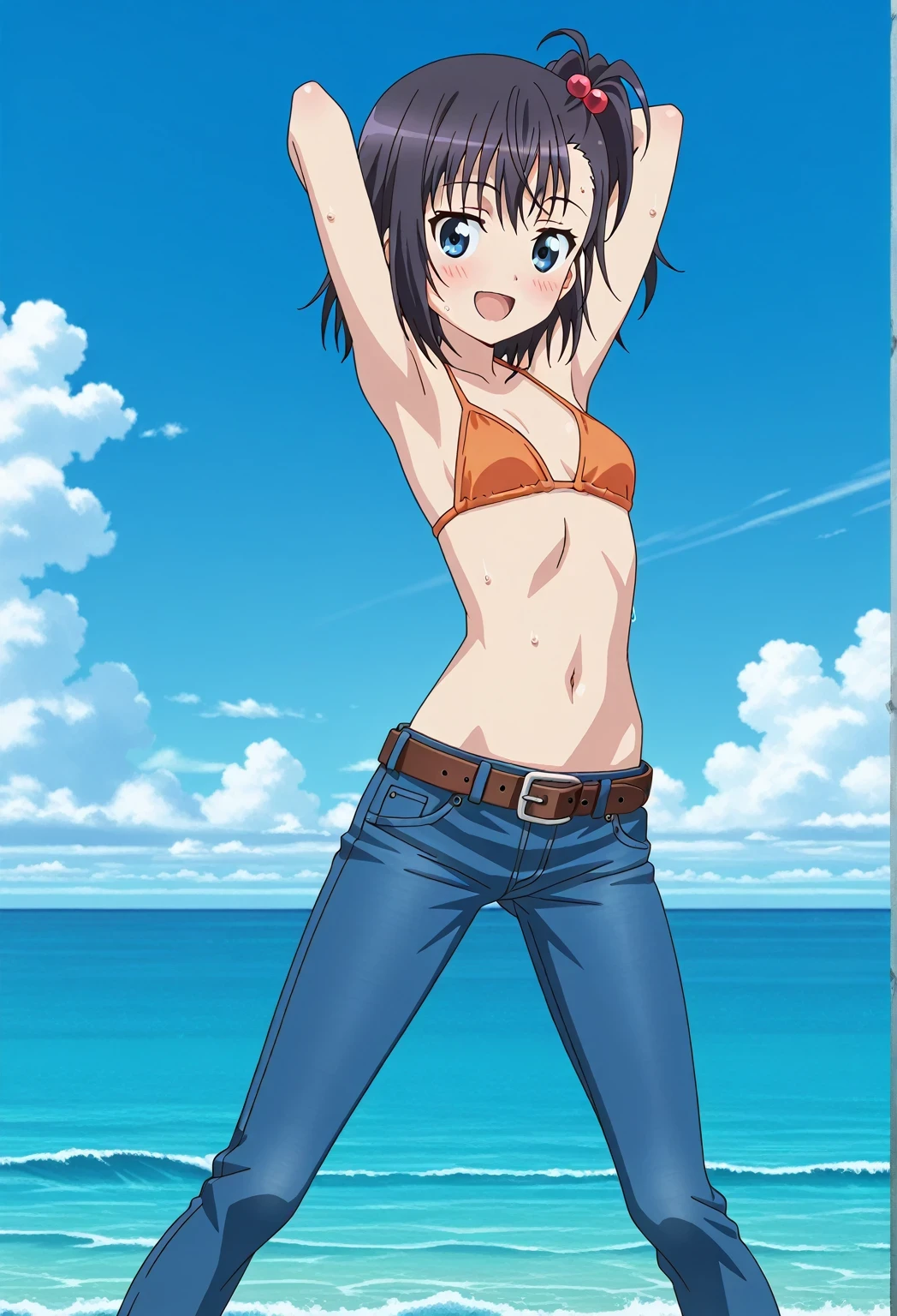 Best image quality,１People Girl,Brown Hair,short hair,Shiny Hair,black eye,Shining Eyes,smile,Double teeth,(Sunburn,?????? Bag),sunflower,stream,Water Play,Wet,Tank top,Shorts,girl,small,small ???????,