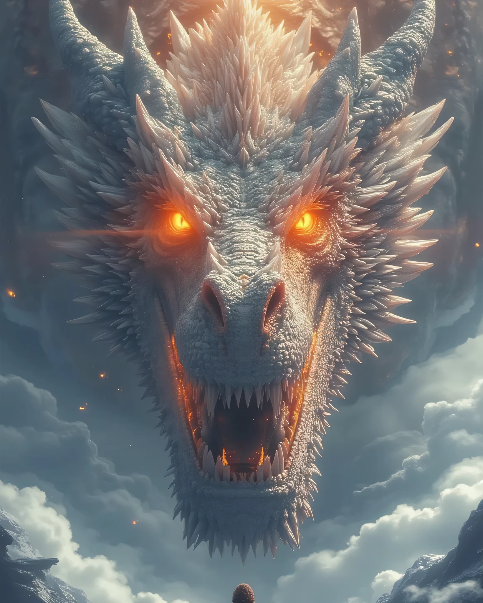 A majestic celestial dragon with glowing orange eyes emerges from swirling clouds high above a floating temple in the sky. Its long, serpentine body shimmers with iridescent white and silver scales that reflect sunlight. The dragon’s mane flows like flames in the wind, radiating divine energy. Rays of light pierce through the clouds, illuminating the powerful creature as it roars, exuding an aura of ancient wisdom and strength. The scene is painted in a cinematic fantasy style, with dramatic lighting, soft pastel skies, and ethereal atmosphere — highly detailed, dynamic composition, anime-inspired fantasy artwork.