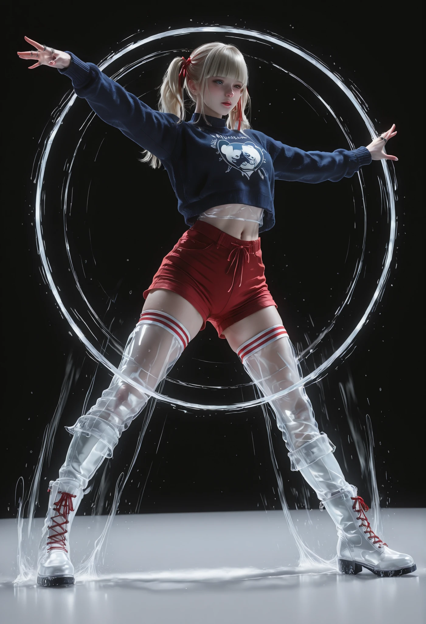 masterpiece,the best quality,newest,nonsense,Highres,1 pop girl,dynamic dance with twist,dynamic pose,white bear hair boots,polar boots,red shorts,navel,dark blue sweater with white stripes,(hairstyle with 2 pigtails),blond hair,bangs,rings,red ribbon on white boots,fondo borroso,motion blur,flowing hair,URBAN DANCE,Choreography , Dark_ethereal_art, transparent body, translucent