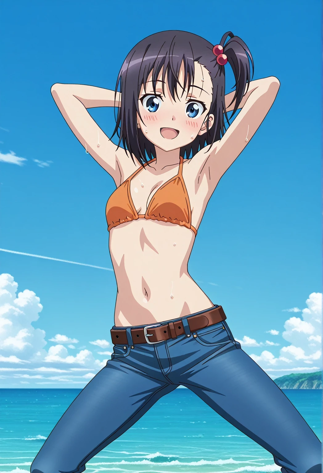 score_9, score_8_up, score_7_up, source_anime, highres, hi res, ((best quality, top quality, perfect quality, Highest Quality, amazing quality)), {{masterpiece}}, {{an extremely delicate and beautiful}}, 2d, intricate details, official style, anime, 8k, anime style, official_anime, official art, digital painting, cell shading, soft shading, high resolution, soothing tones, Subdued Color, Soft cinematic light, adobe lightroom, photolab, HDR, intricately and hyper-detailed, ((high quality animation)), 1 girl, Alone, solo, ((ocean)), tsunami, on the water, day, sunny, outdoors, sky, windy, hikage miyauchi, short hair, blue eyes, black hair, side ponytail, one side up, hair bobbles, anime screencap, small breasts, orange bikini top, best quality, hyper-detailed jeans, belt, brown belt, ((blue jeans:1.9)), (dark blue jeans:0.6), full medium body, medium shot, Open mouth, smiling, happy face, blush, sweat, standing, ((arms behind head:6.0)), ((perfect arm line:2.5)), bowlegged, jumping pose, action, looking at viewer, spread legs, Bend knees slightly, straight-on front view