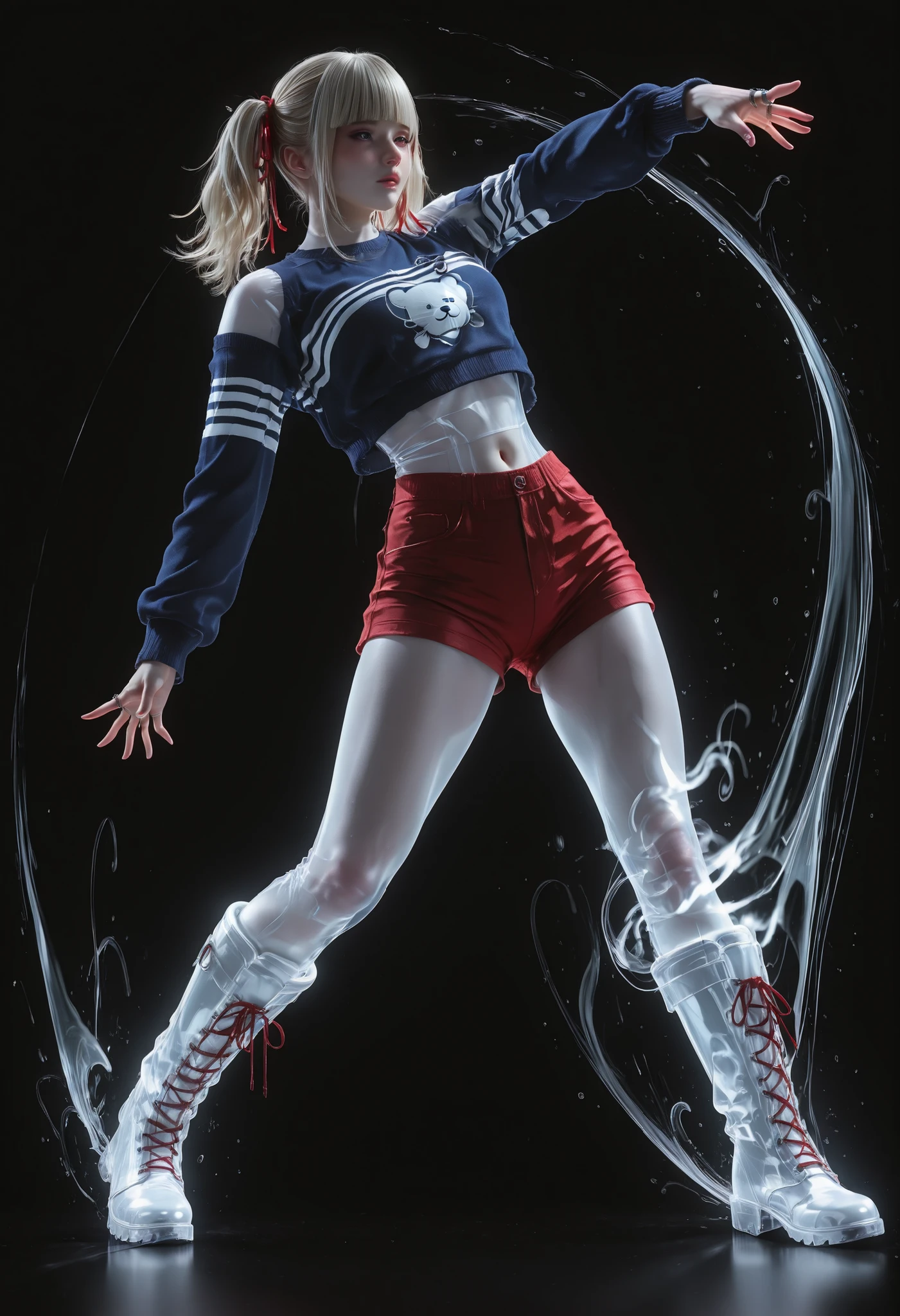 masterpiece,the best quality,newest,nonsense,Highres,1 pop girl,dynamic dance with twist,dynamic pose,white bear hair boots,polar boots,red shorts,navel,dark blue sweater with white stripes,(hairstyle with 2 pigtails),blond hair,bangs,rings,red ribbon on white boots,fondo borroso,motion blur,flowing hair,URBAN DANCE,Choreography , Dark_ethereal_art, transparent body, translucent