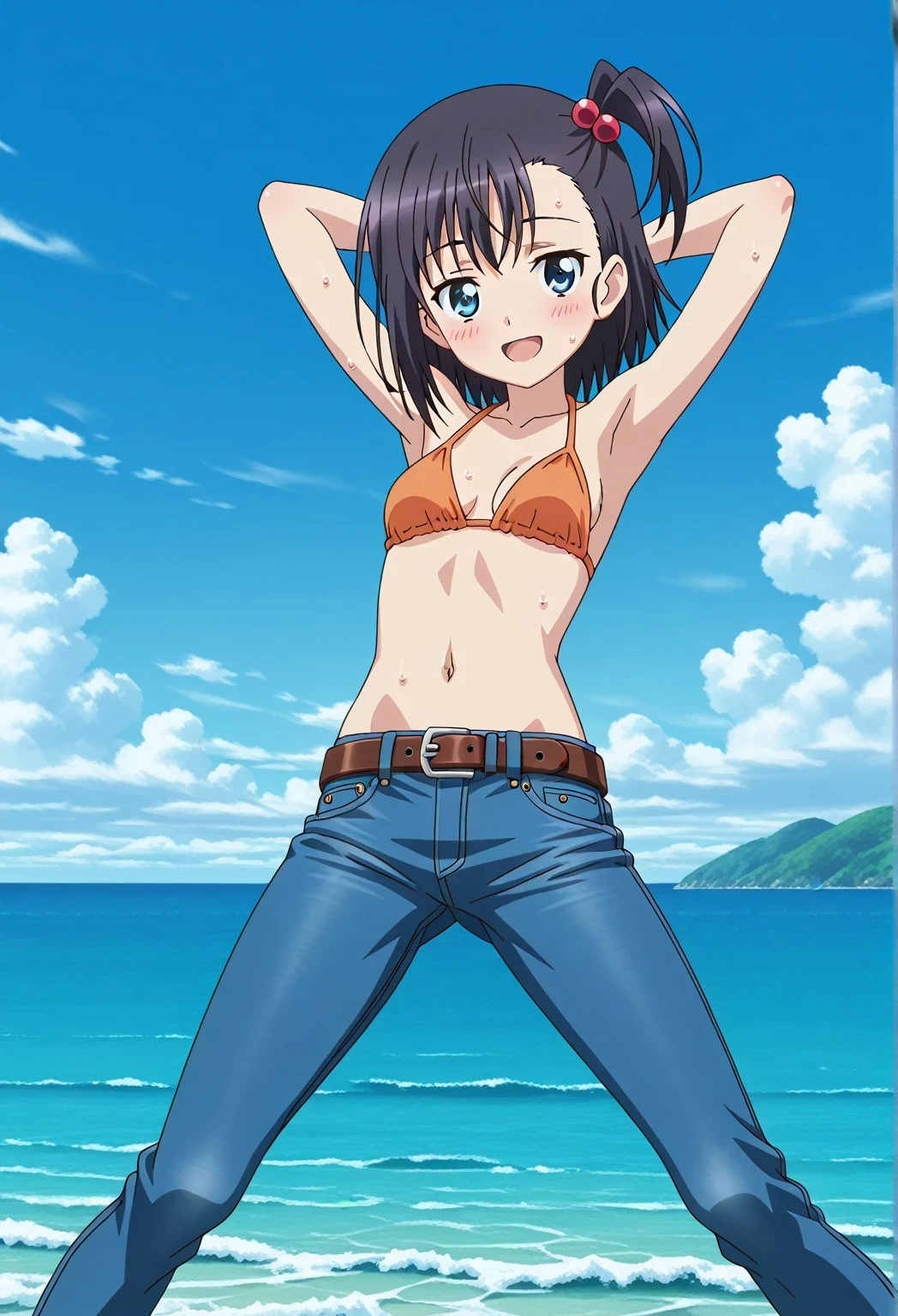 score_9, score_8_up, score_7_up, source_anime, highres, hi res, ((best quality, top quality, perfect quality, Highest Quality, amazing quality)), {{masterpiece}}, {{an extremely delicate and beautiful}}, 2d, intricate details, official style, anime, 8k, anime style, official_anime, official art, digital painting, cell shading, soft shading, high resolution, soothing tones, Subdued Color, Soft cinematic light, adobe lightroom, photolab, HDR, intricately and hyper-detailed, ((high quality animation)), 1 girl, Alone, solo, ((ocean)), tsunami, on the water, day, sunny, outdoors, sky, windy, hikage miyauchi, short hair, blue eyes, black hair, side ponytail, one side up, hair bobbles, anime screencap, small breasts, orange bikini top, best quality, hyper-detailed jeans, belt, brown belt, ((blue jeans:1.9)), (dark blue jeans:0.6), full medium body, medium shot, Open mouth, smiling, happy face, blush, sweat, standing, ((arms behind head:6.0)), ((perfect arm line:2.5)), bowlegged, jumping pose, action, looking at viewer, spread legs, Bend knees slightly, straight-on front view