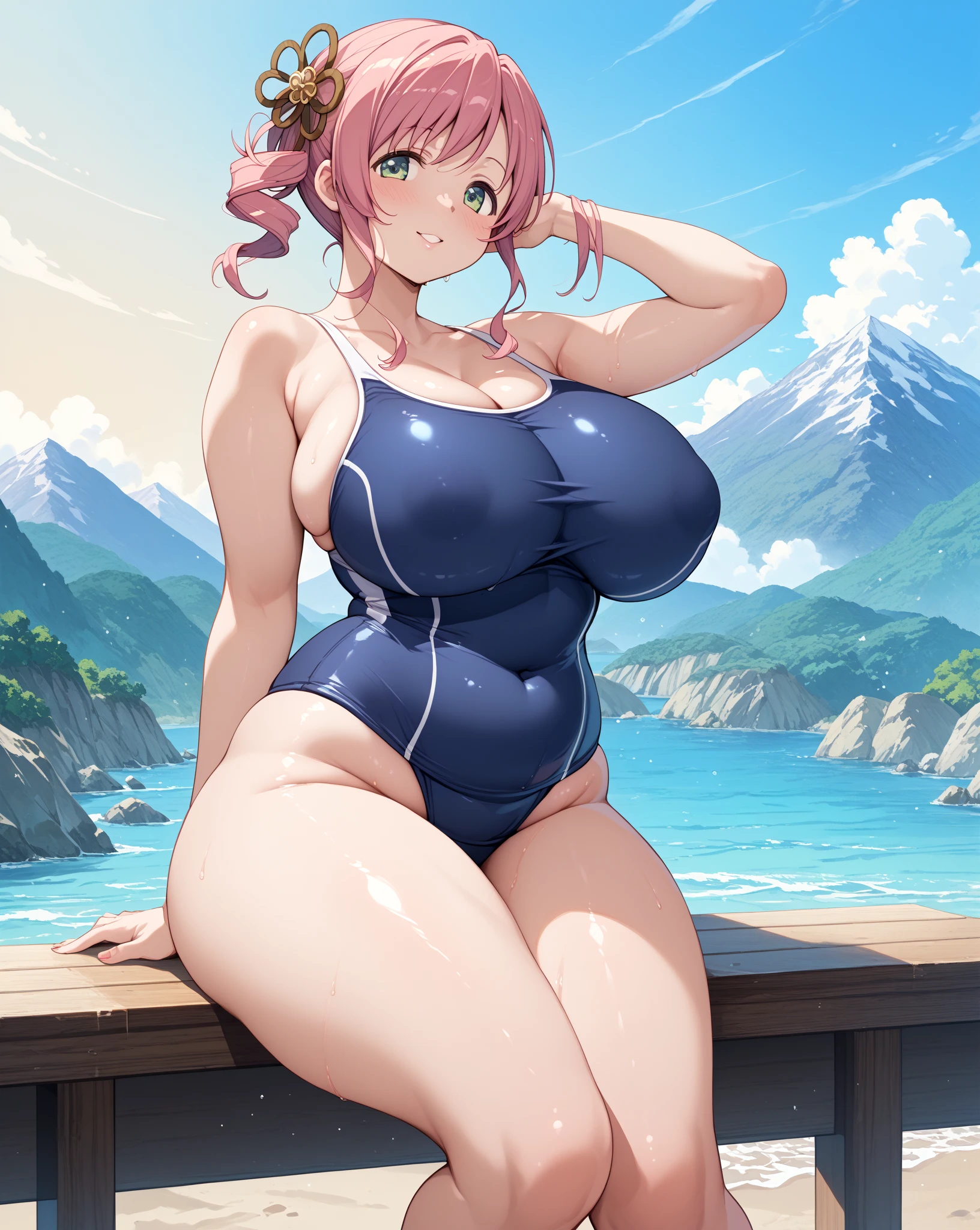 masterpiece, Highest quality, In detail, High resolution, Anime screenshots, One girl, ,  skirt, Floral print, necklace, bracelet, Thigh straps, Bracelet, , Saggy , Let go of my , Leaning forward, blush, smile, Beach, Ocean, Palm tree