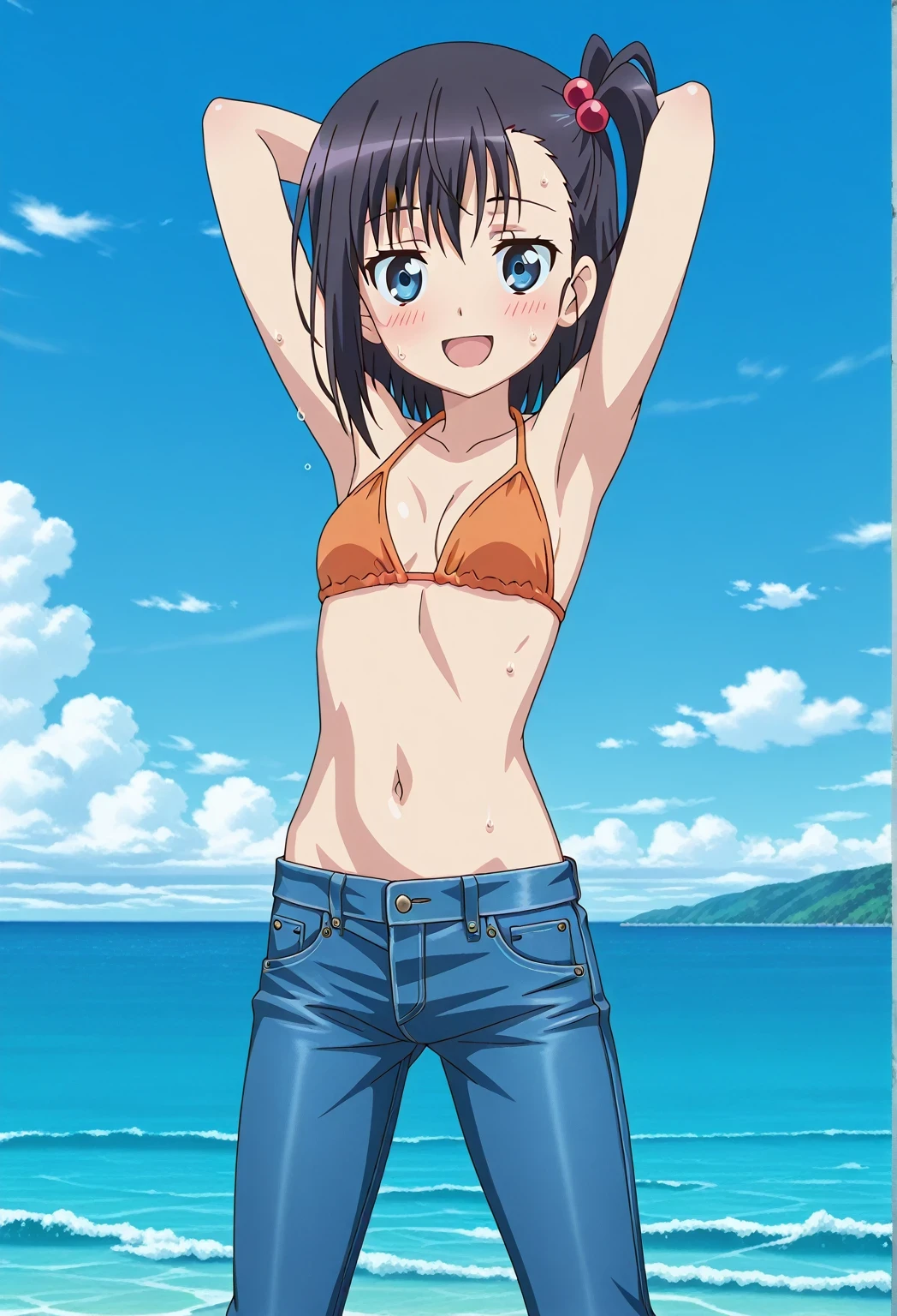 score_9, score_8_up, score_7_up, source_anime, highres, hi res, ((best quality, top quality, perfect quality, Highest Quality, amazing quality)), {{masterpiece}}, {{an extremely delicate and beautiful}}, 2d, intricate details, official style, anime, 8k, anime style, official_anime, official art, digital painting, cell shading, soft shading, high resolution, soothing tones, Subdued Color, Soft cinematic light, adobe lightroom, photolab, HDR, intricately and hyper-detailed, ((high quality animation)), 1 girl, Alone, solo, ((ocean)), tsunami, on the water, day, sunny, outdoors, sky, windy, hikage miyauchi, short hair, blue eyes, black hair, side ponytail, one side up, hair bobbles, anime screencap, small breasts, orange bikini top, best quality, hyper-detailed jeans, ((blue jeans:1.9)), (dark blue jeans:0.6), full medium body, medium shot, Open mouth, smiling, happy face, blush, sweat, standing, ((arms behind head:6.0)), ((perfect arm line:2.5)), bowlegged, jumping pose, action, looking at viewer, spread legs, Bend knees slightly, straight-on front view