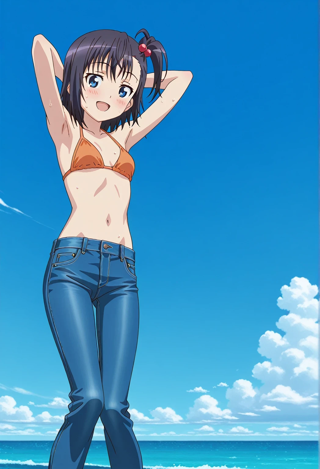 score_9, score_8_up, score_7_up, source_anime, highres, hi res, ((best quality, top quality, perfect quality, Highest Quality, amazing quality)), {{masterpiece}}, {{an extremely delicate and beautiful}}, 2d, intricate details, official style, anime, 8k, anime style, official_anime, official art, digital painting, cell shading, soft shading, high resolution, soothing tones, Subdued Color, Soft cinematic light, adobe lightroom, photolab, HDR, intricately and hyper-detailed, ((high quality animation)), 1 girl, Alone, solo, ((ocean)), tsunami, on the water, day, sunny, outdoors, sky, windy, hikage miyauchi, short hair, blue eyes, black hair, side ponytail, one side up, hair bobbles, anime screencap, small breasts, orange bikini top, best quality, hyper-detailed jeans, ((blue jeans:1.9)), (dark blue jeans:0.6), full medium body, medium shot, Open mouth, smiling, happy face, blush, sweat, standing, ((arms behind head:6.0)), ((perfect arm line:2.5)), bowlegged, jumping pose, action, looking at viewer, spread legs, Bend knees slightly, straight-on front view