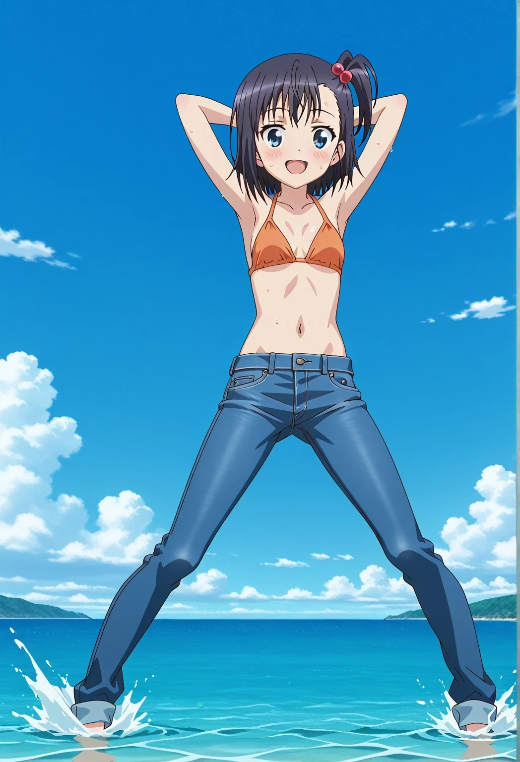 score_9, score_8_up, score_7_up, source_anime, highres, hi res, ((best quality, top quality, perfect quality, Highest Quality, amazing quality)), {{masterpiece}}, {{an extremely delicate and beautiful}}, 2d, intricate details, official style, anime, 8k, anime style, official_anime, official art, digital painting, cell shading, soft shading, high resolution, soothing tones, Subdued Color, Soft cinematic light, adobe lightroom, photolab, HDR, intricately and hyper-detailed, ((high quality animation)), 1 girl, Alone, solo, ((ocean)), tsunami, on the water, day, sunny, outdoors, sky, windy, hikage miyauchi, short hair, blue eyes, black hair, side ponytail, one side up, hair bobbles, anime screencap, small breasts, orange bikini top, best quality, hyper-detailed jeans, ((blue jeans:1.9)), (dark blue jeans:0.6), full medium body, medium shot, Open mouth, smiling, happy face, blush, sweat, standing, ((arms behind head:6.0)), ((perfect arm line:2.5)), bowlegged, jumping pose, action, looking at viewer, spread legs, Bend knees slightly, straight-on front view