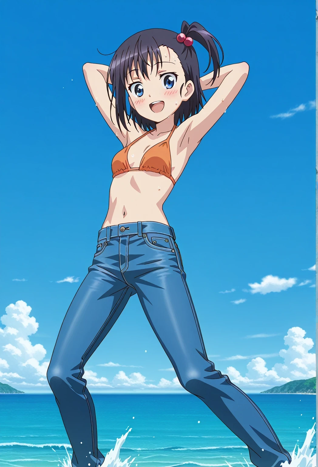 score_9, score_8_up, score_7_up, source_anime, highres, hi res, ((best quality, top quality, perfect quality, Highest Quality, amazing quality)), {{masterpiece}}, {{an extremely delicate and beautiful}}, 2d, intricate details, official style, anime, 8k, anime style, official_anime, official art, digital painting, cell shading, soft shading, high resolution, soothing tones, Subdued Color, Soft cinematic light, adobe lightroom, photolab, HDR, intricately and hyper-detailed, ((high quality animation)), 1 girl, Alone, solo, ((ocean)), tsunami, on the water, day, sunny, outdoors, sky, windy, hikage miyauchi, short hair, blue eyes, black hair, side ponytail, one side up, hair bobbles, anime screencap, small breasts, orange bikini top, best quality, hyper-detailed jeans, ((blue jeans:1.9)), (dark blue jeans:0.6), full medium body, medium shot, Open mouth, smiling, happy face, blush, sweat, standing, ((arms behind head:6.0)), ((perfect arm line:2.5)), bowlegged, jumping pose, action, looking at viewer, spread legs, Bend knees slightly, straight-on front view