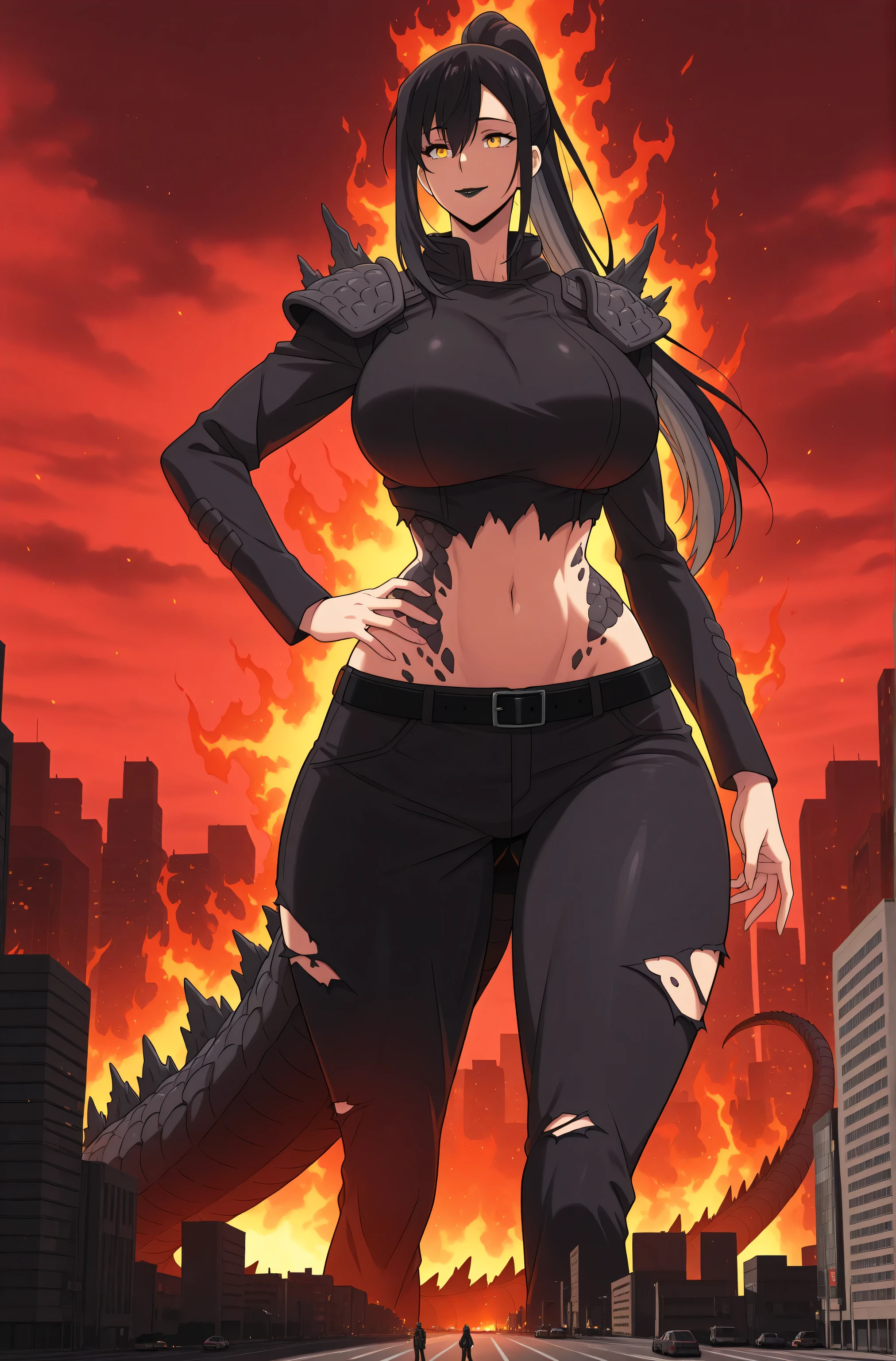 anime screencap, masterpiece, best quality, jin-ah, 1girl, Mature Female, yellow eyes, long hair, two-tone hair, tail, large tail, long tail, very long tail, yellow eyes, black hair, ponytail, sidelocks, attractive face, detailed face , ractical body shape, glamorous bodies, attractive bodies, big Curvy, Slutty, Neat, big breasts, big buttocks, wide Butt, thick thighs, ((Godzilla 2021 \(Godzilla\) \(cosplay\), long sleeves, navel, pants, personification, standing, black torn clothes, black torn pants, scale on body, scaled shoulder pads, black belt, black belt buckle, black buckle, glowing, hair between eyes, smile, black Lipstick, fit body, (((Sexy,))), city, city dwarfing, micro city, cityscape, giantess, red sunset city, huge fire, hand on own hip,