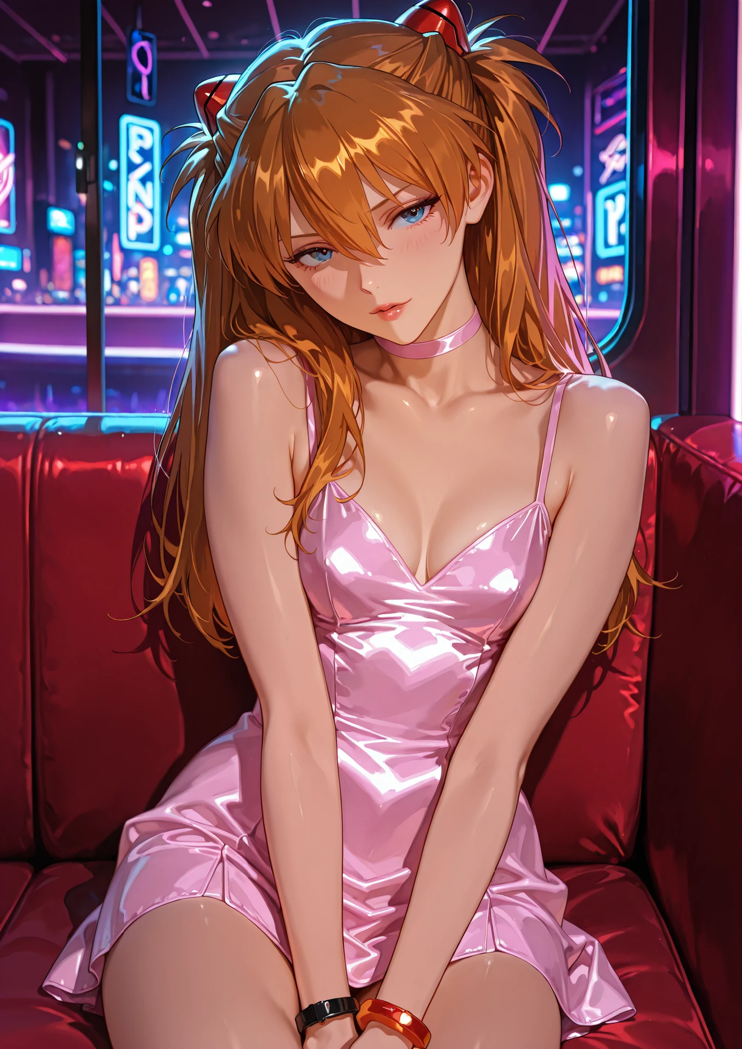 1girl, solo, souryuu asuka langley, neon genesis evangelion, short dress, sitting on the couch, nightclub, vip lounge, short dress, bracelets, seductive, sexy pose, alluring atmosphere, cinematic lighting, BREAK, masterpiece, superb quality,warm color,high resolution,high fashion,absurdres extremely,vivid colors,intricate details,best quality,amazing quality,very aesthetic,newest,ultra-detailed,nsfw,